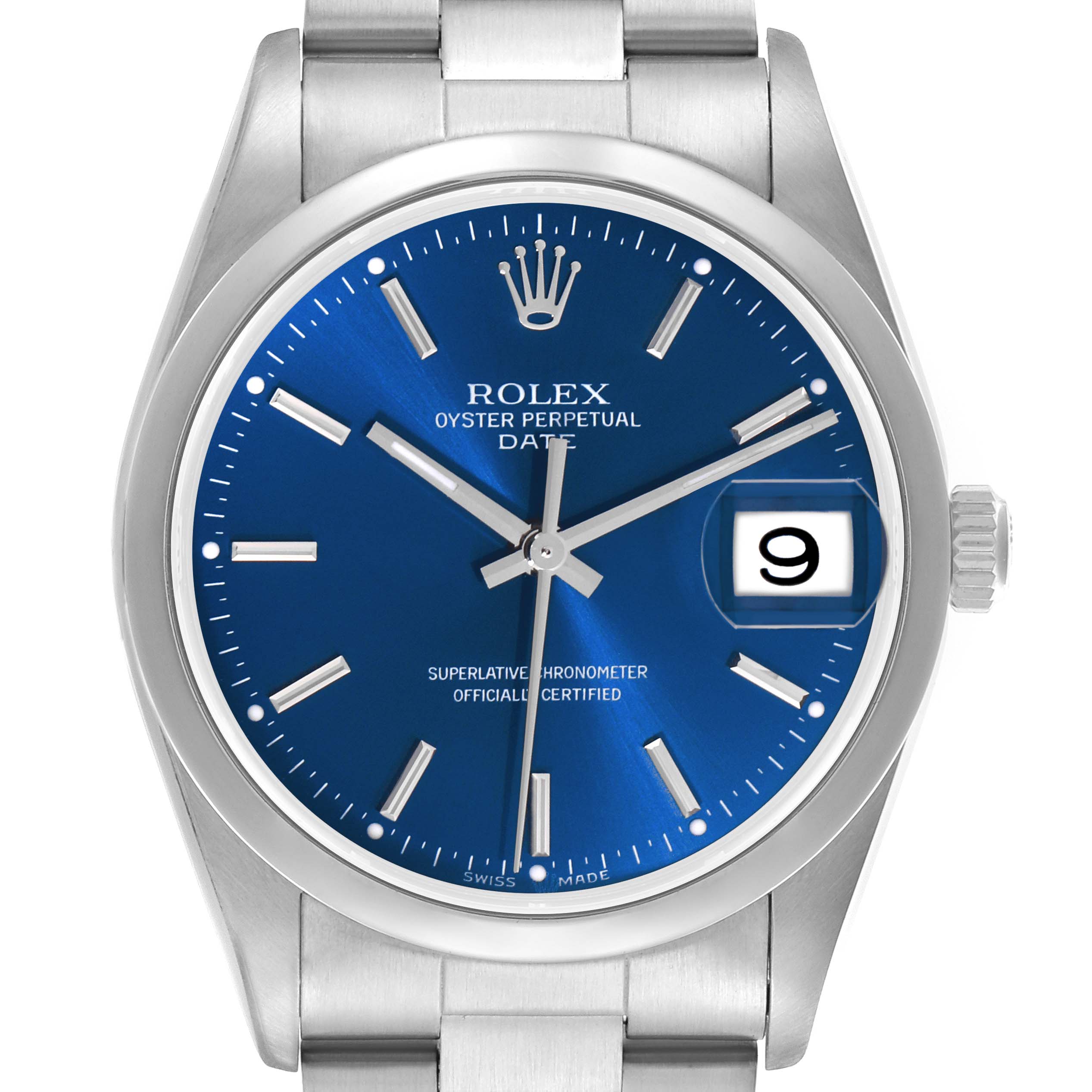 The watch, a Rolex Date 15200 Men
s Stainless Steel Blue Dial 15200 Men
s Stainless Steel Blue Dial model, is shown from the front, displaying the blue dial, hour markers, hands, and date window.