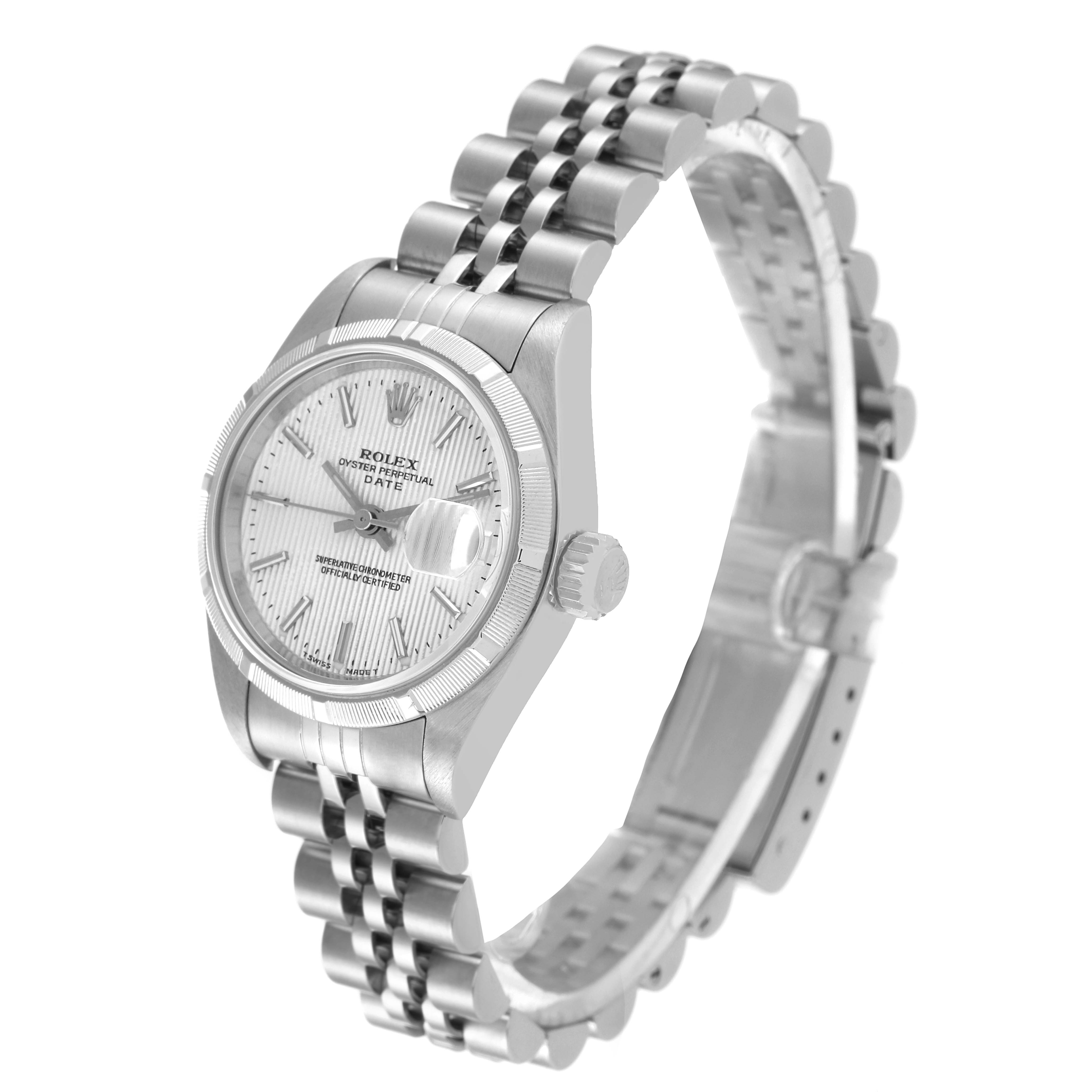 The Rolex Datejust 69190 Women's Stainless Steel Silver Dial 69190 Women's Stainless Steel Silver Dial watch is shown at a three-quarter angle, highlighting its face, crown, and bracelet.