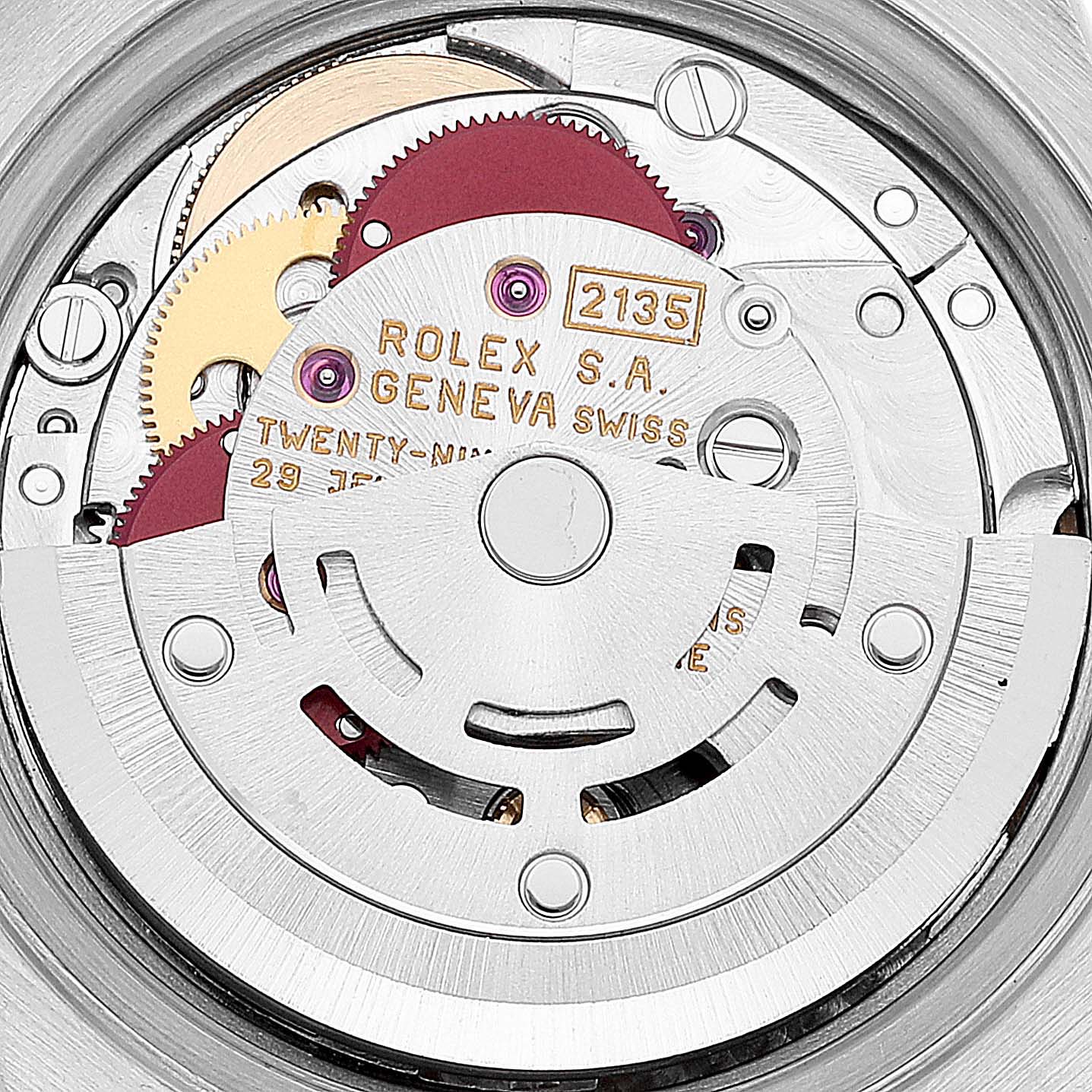 This image shows a close-up of the internal movement mechanism of a Rolex Datejust 69190 Women's Stainless Steel Silver Dial 69190 Women's Stainless Steel Silver Dial watch.