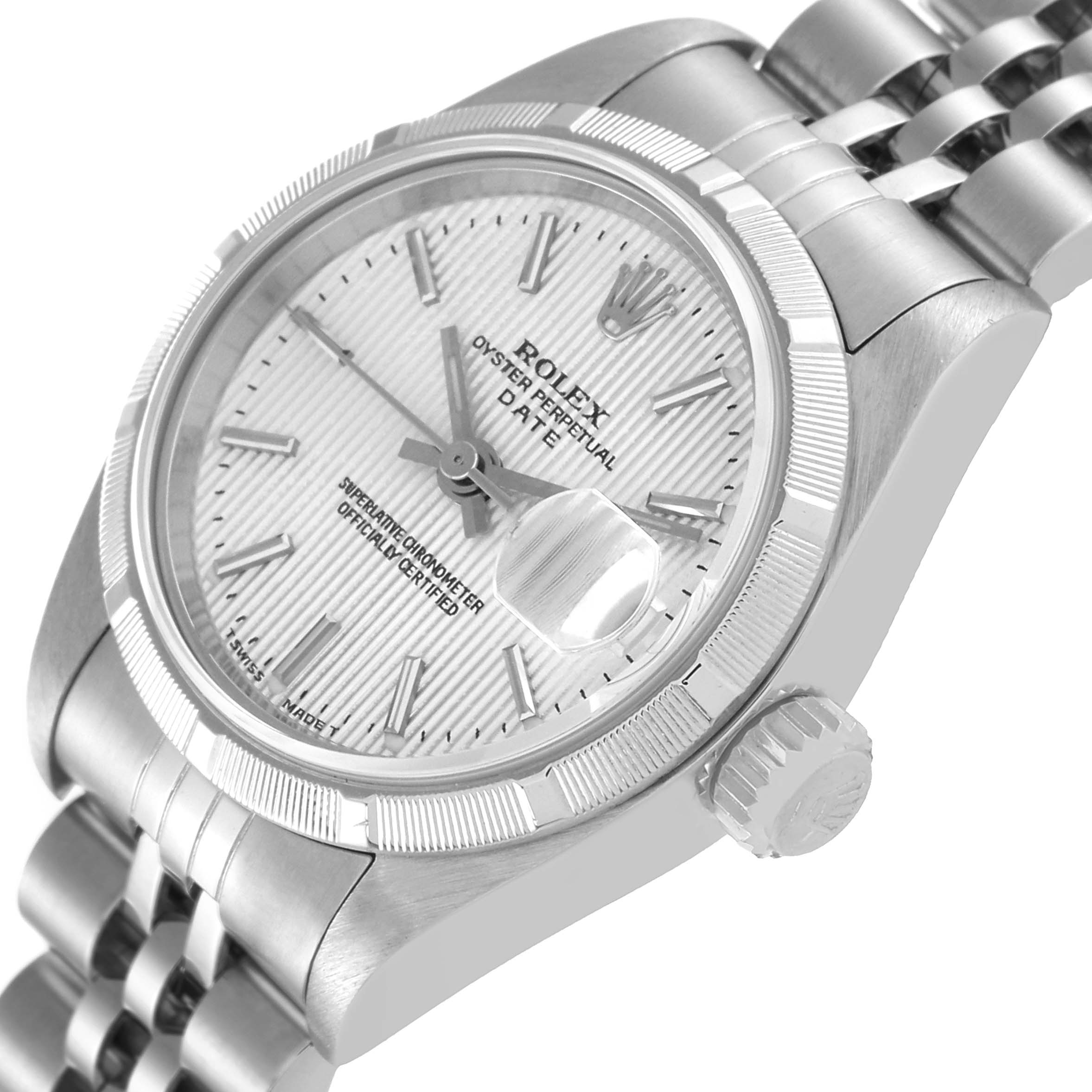 The image shows a close-up angled view of a Rolex Datejust 69190 Women's Stainless Steel Silver Dial 69190 Women's Stainless Steel Silver Dial, highlighting the dial, bezel, crown, and part of the bracelet.