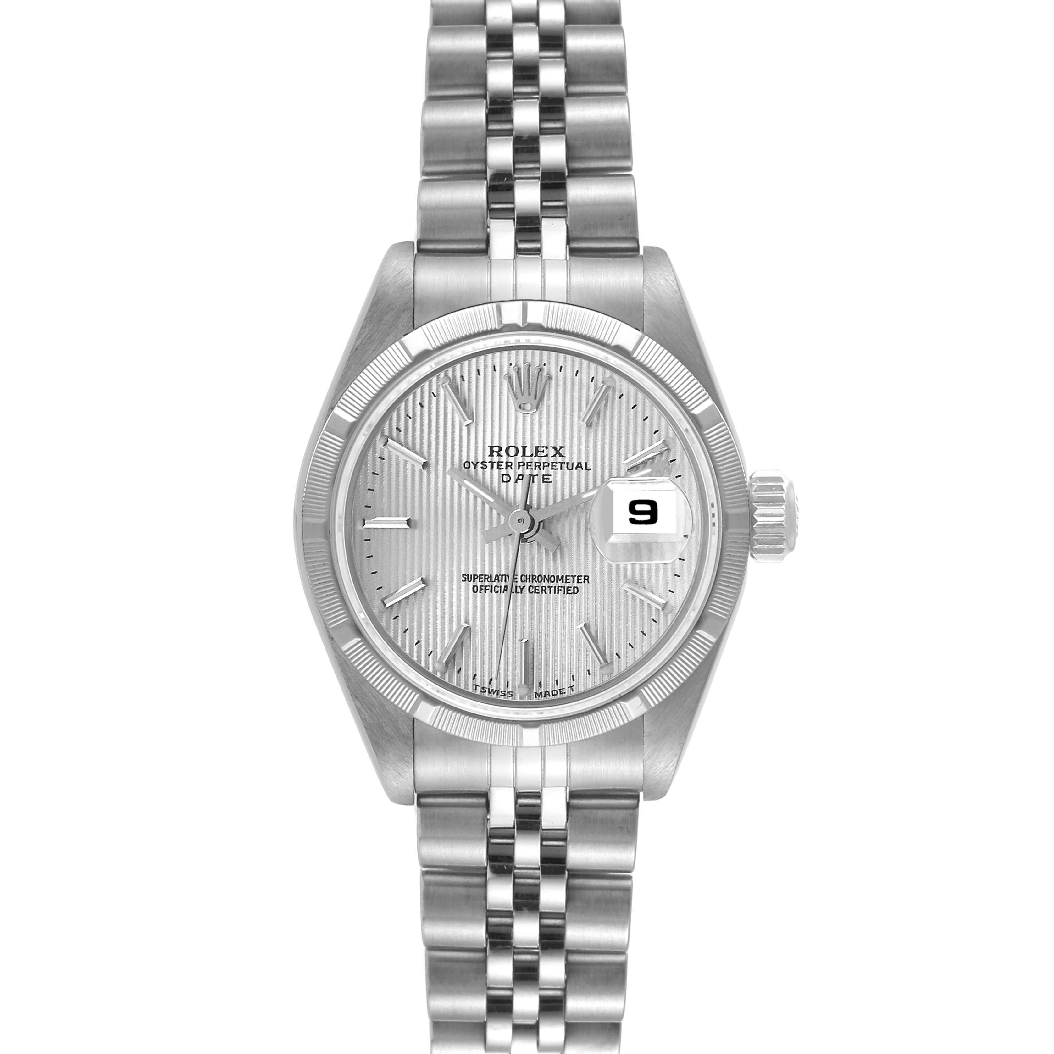 This image shows a front view of a Rolex Datejust 69190 Women's Stainless Steel Silver Dial 69190 Women's Stainless Steel Silver Dial watch, displaying its face, bezel, crown, and bracelet.
