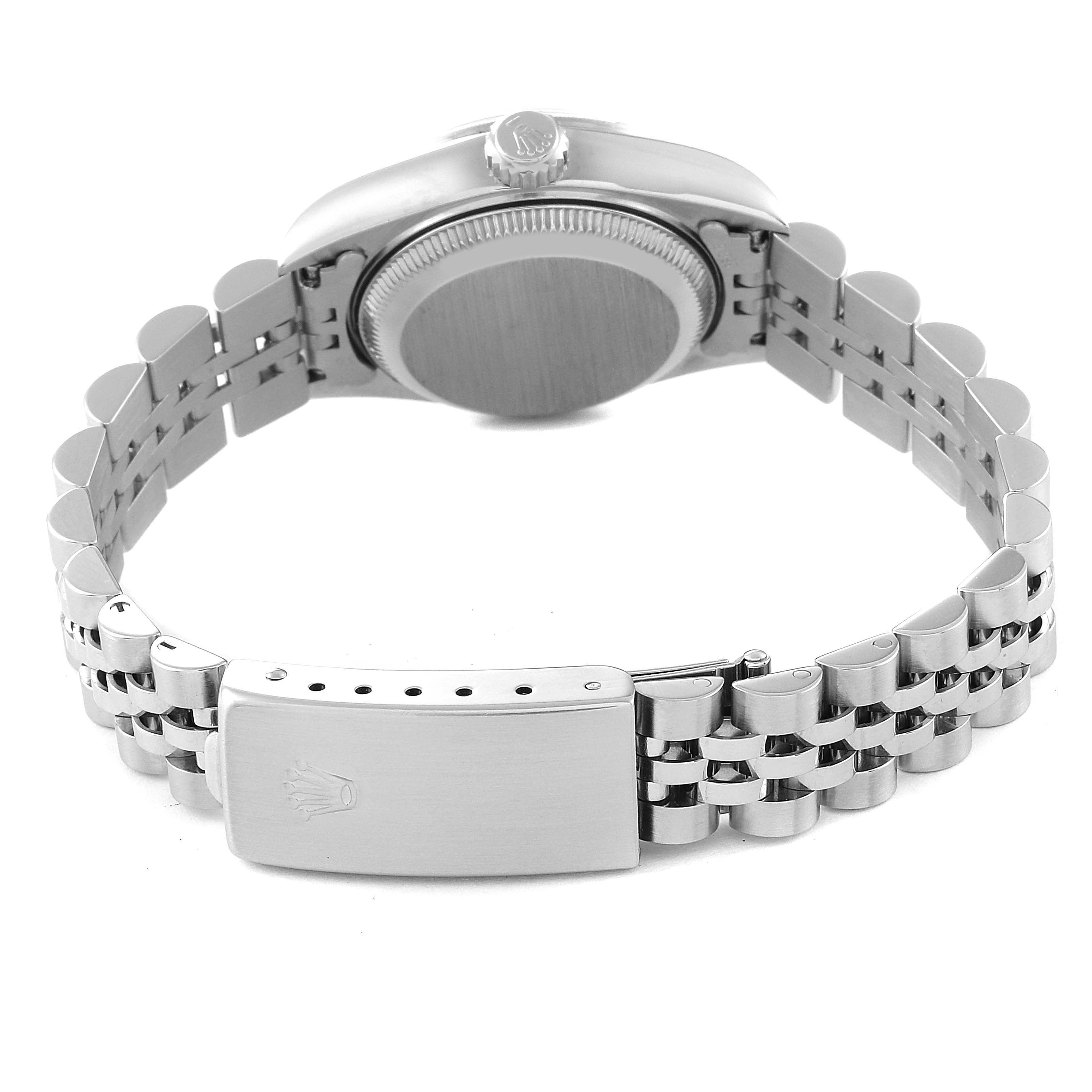 The image shows the back view of a Rolex Datejust 69190 Women's Stainless Steel Silver Dial 69190 Women's Stainless Steel Silver Dial watch with its caseback and Jubilee bracelet prominently visible.