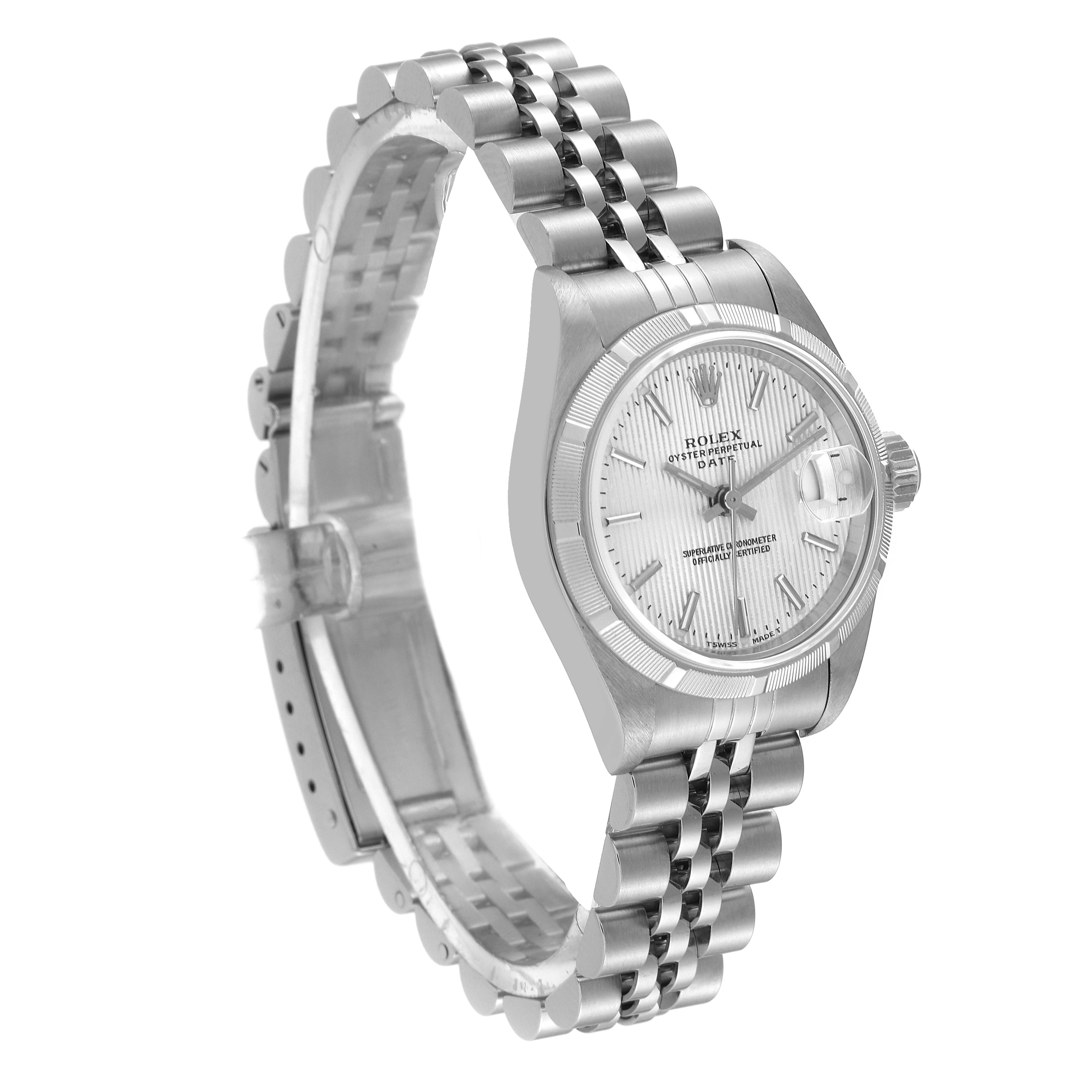 The Rolex Datejust 69190 Women's Stainless Steel Silver Dial 69190 Women's Stainless Steel Silver Dial watch is displayed at a slight right-angle, highlighting its face, bezel, crown, and bracelet.