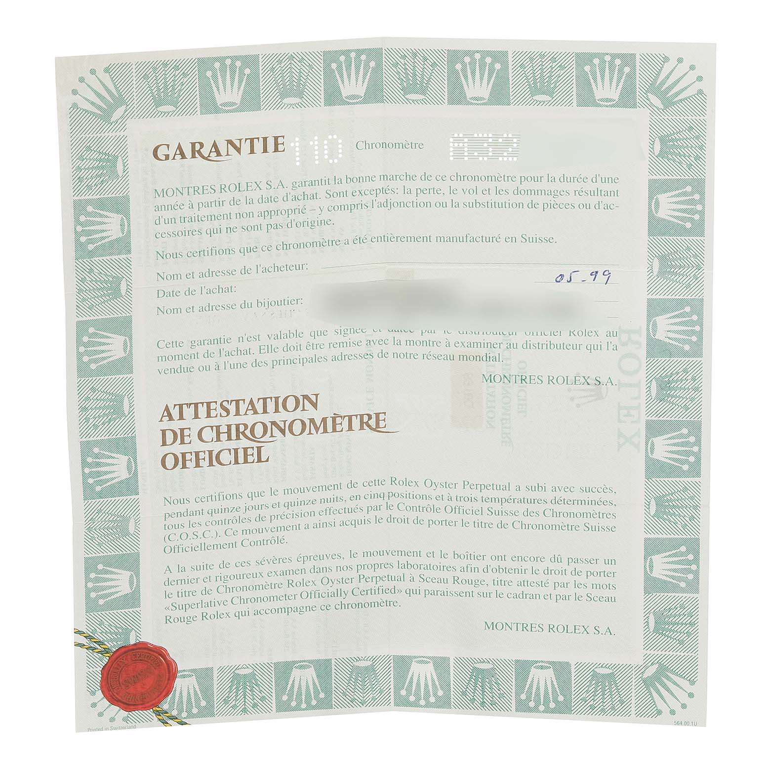 This image shows a warranty and official chronometer certificate for a Rolex Datejust 69190 Women's Stainless Steel Silver Dial 69190 Women's Stainless Steel Silver Dial watch.