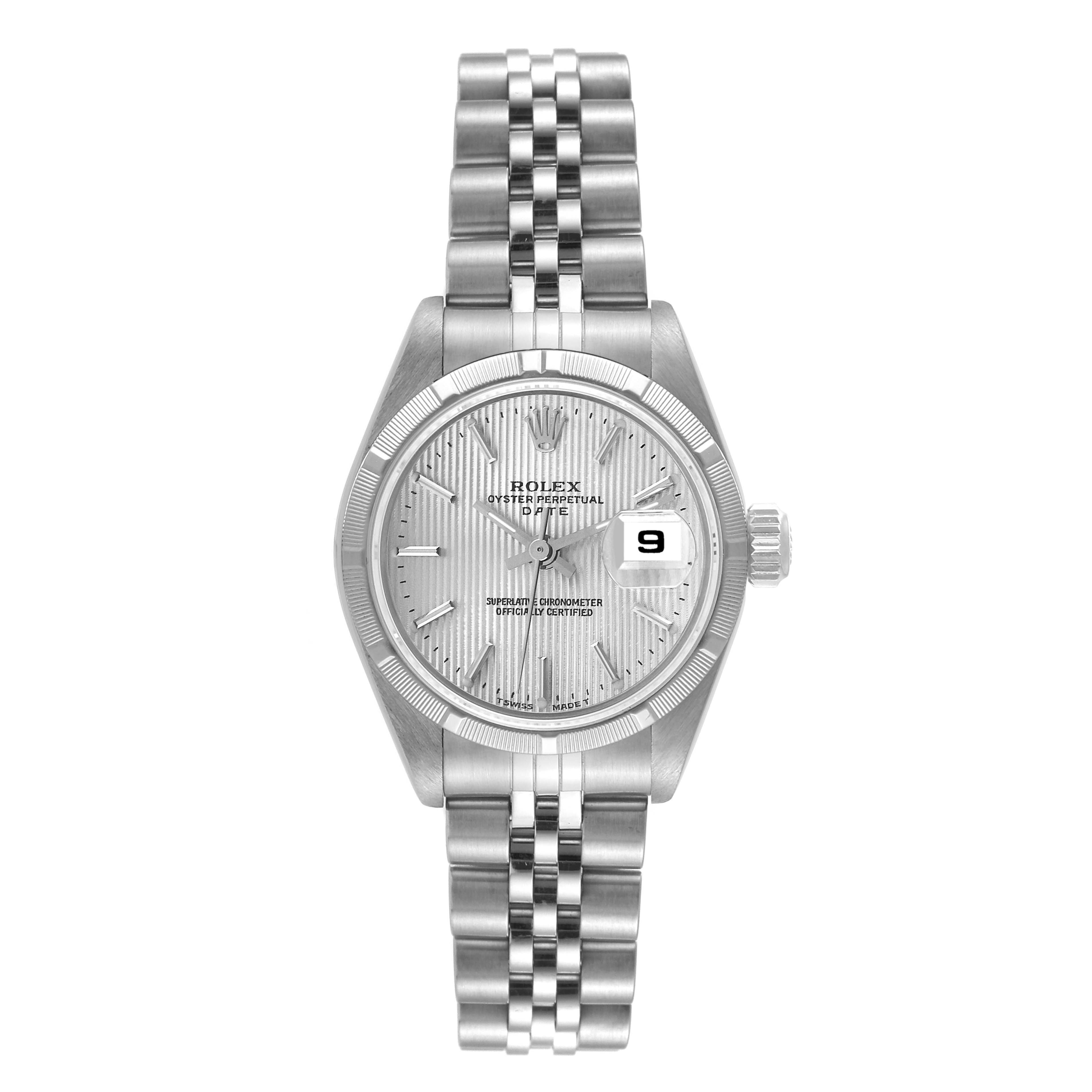The Rolex Datejust 69190 Women's Stainless Steel Silver Dial 69190 Women's Stainless Steel Silver Dial watch is shown from a top-down view, displaying the face, bezel, crown, and bracelet.