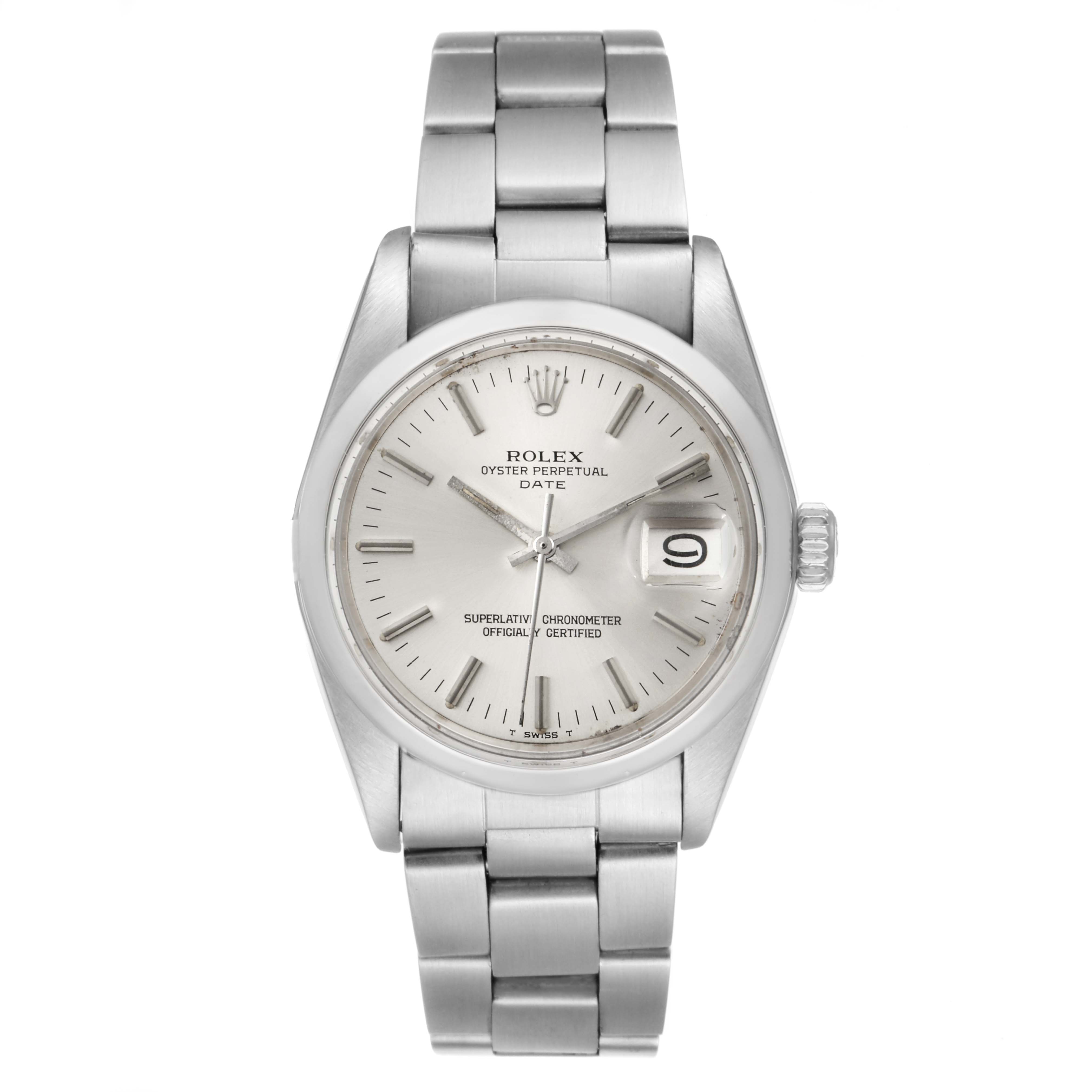 The image shows a front view of a Rolex Vintage Collection 1500 Men's Stainless Steel Silver Dial 1500 Men's Stainless Steel Silver Dial Oyster Perpetual Date watch with a stainless steel bracelet.