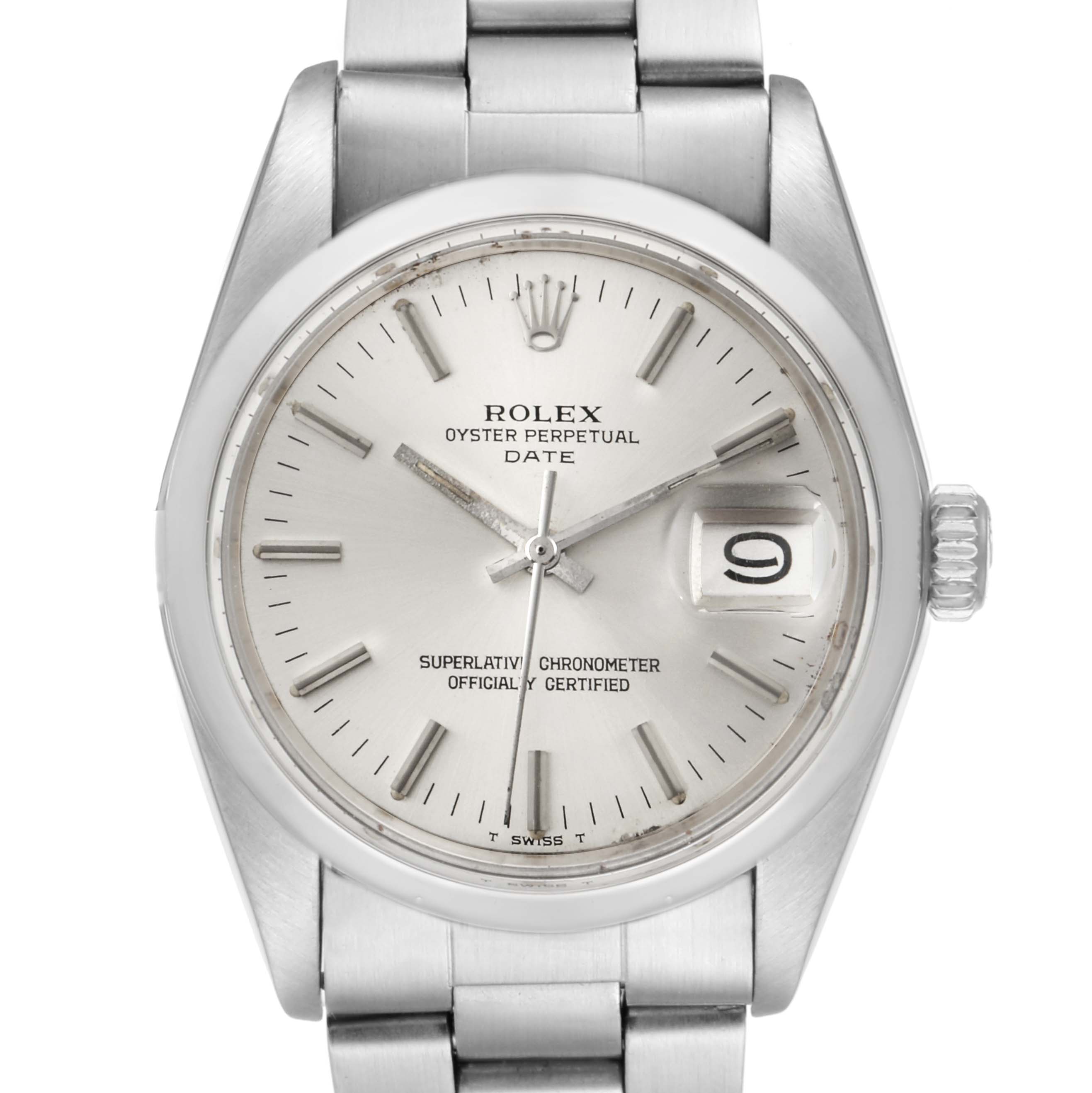 This image shows a close-up front view of the Rolex Vintage Collection 1500 Men's Stainless Steel Silver Dial 1500 Men's Stainless Steel Silver Dial Oyster Perpetual Date watch, featuring its dial, hands, and bracelet.