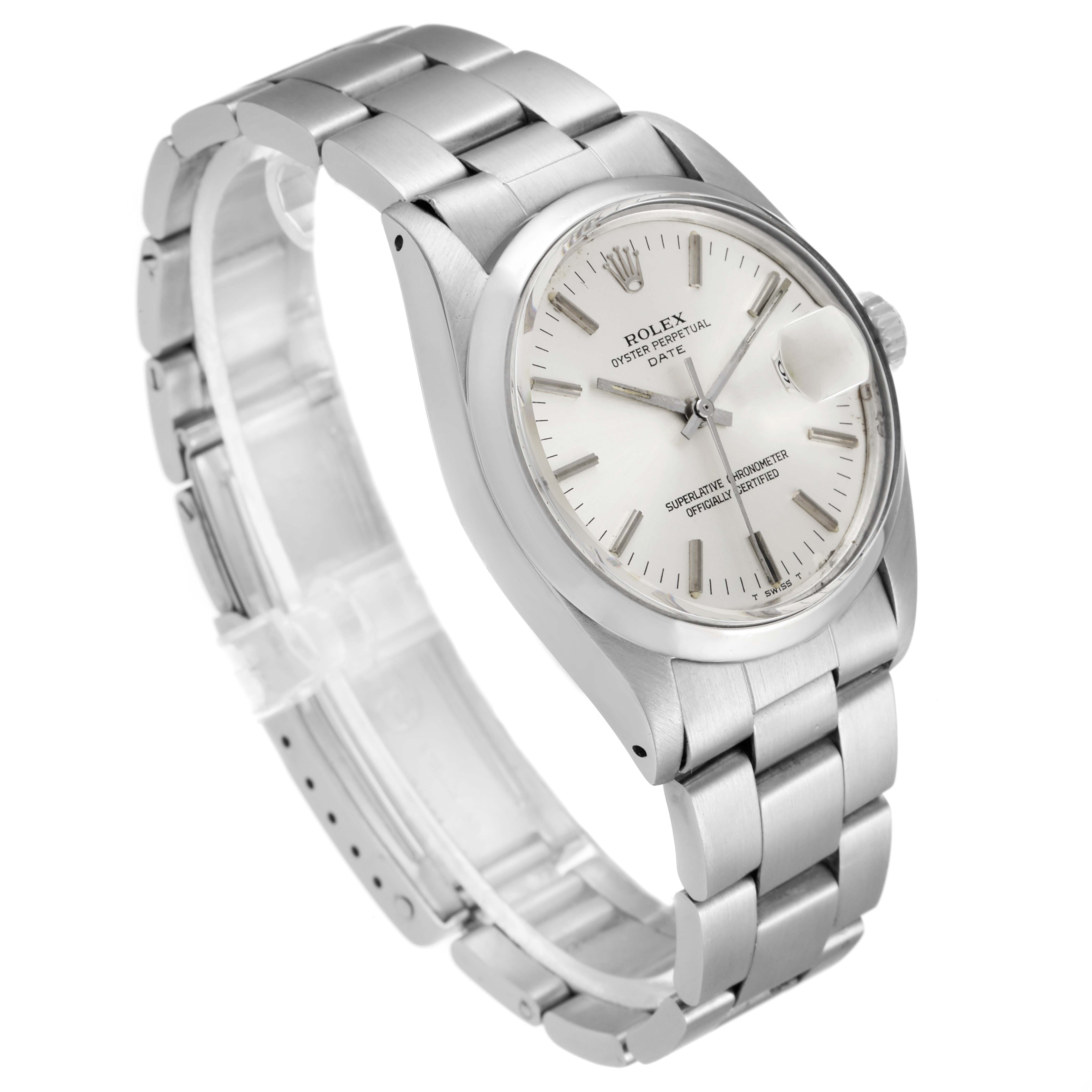 The image shows a Rolex Vintage Collection 1500 Men's Stainless Steel Silver Dial 1500 Men's Stainless Steel Silver Dial model watch from a three-quarter angle, displaying the face, case, and bracelet.