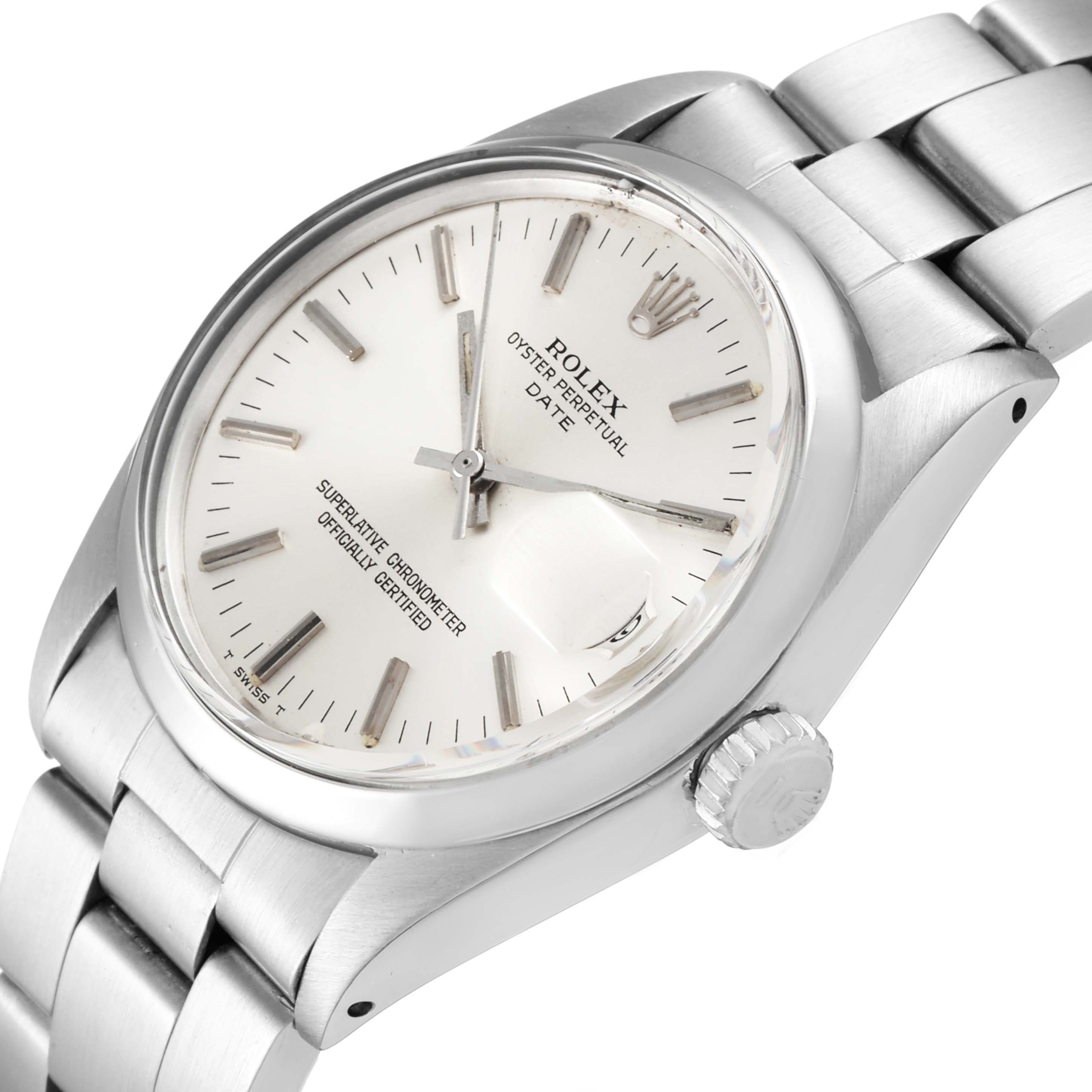 The Rolex Vintage Collection 1500 Men's Stainless Steel Silver Dial 1500 Men's Stainless Steel Silver Dial watch is shown at an angled side view, highlighting its face, crown, and bracelet.