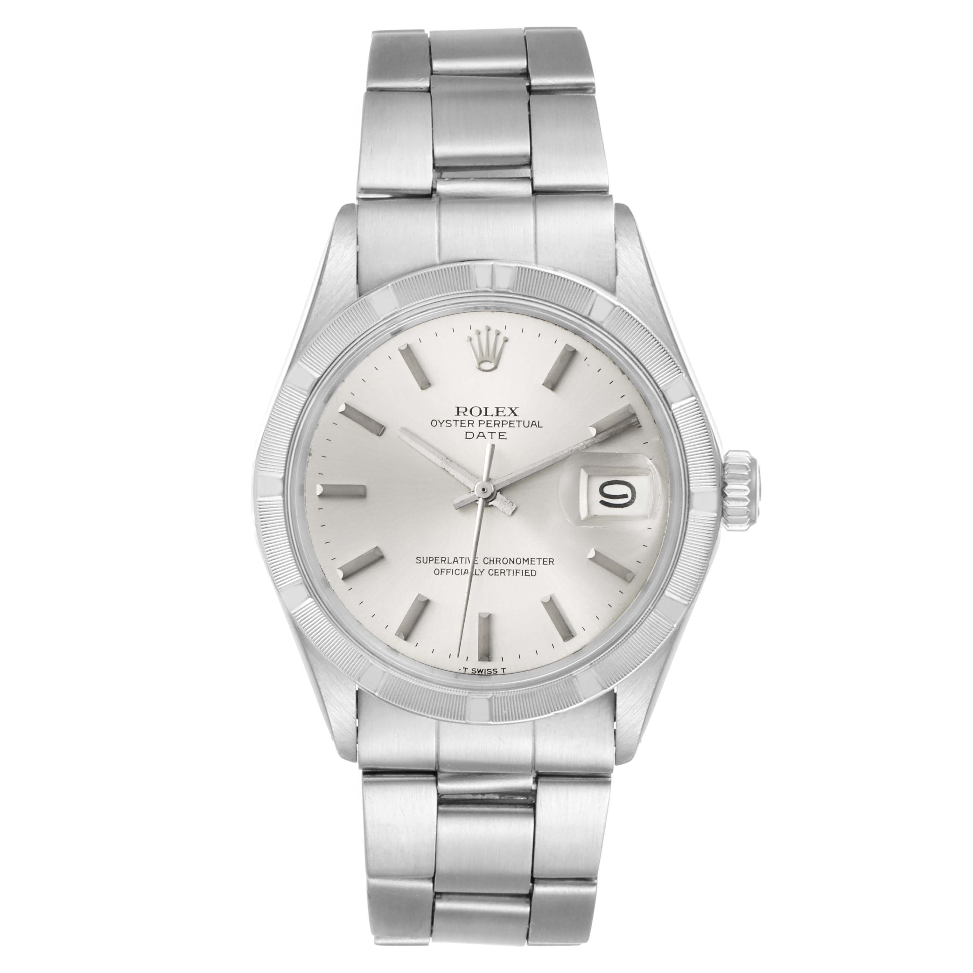 The image shows a frontal view of a Rolex Vintage Collection 1501 Men's Stainless Steel Silver Dial 1501 Men's Stainless Steel Silver Dial watch, displaying the face, hour markers, date window, and bracelet.