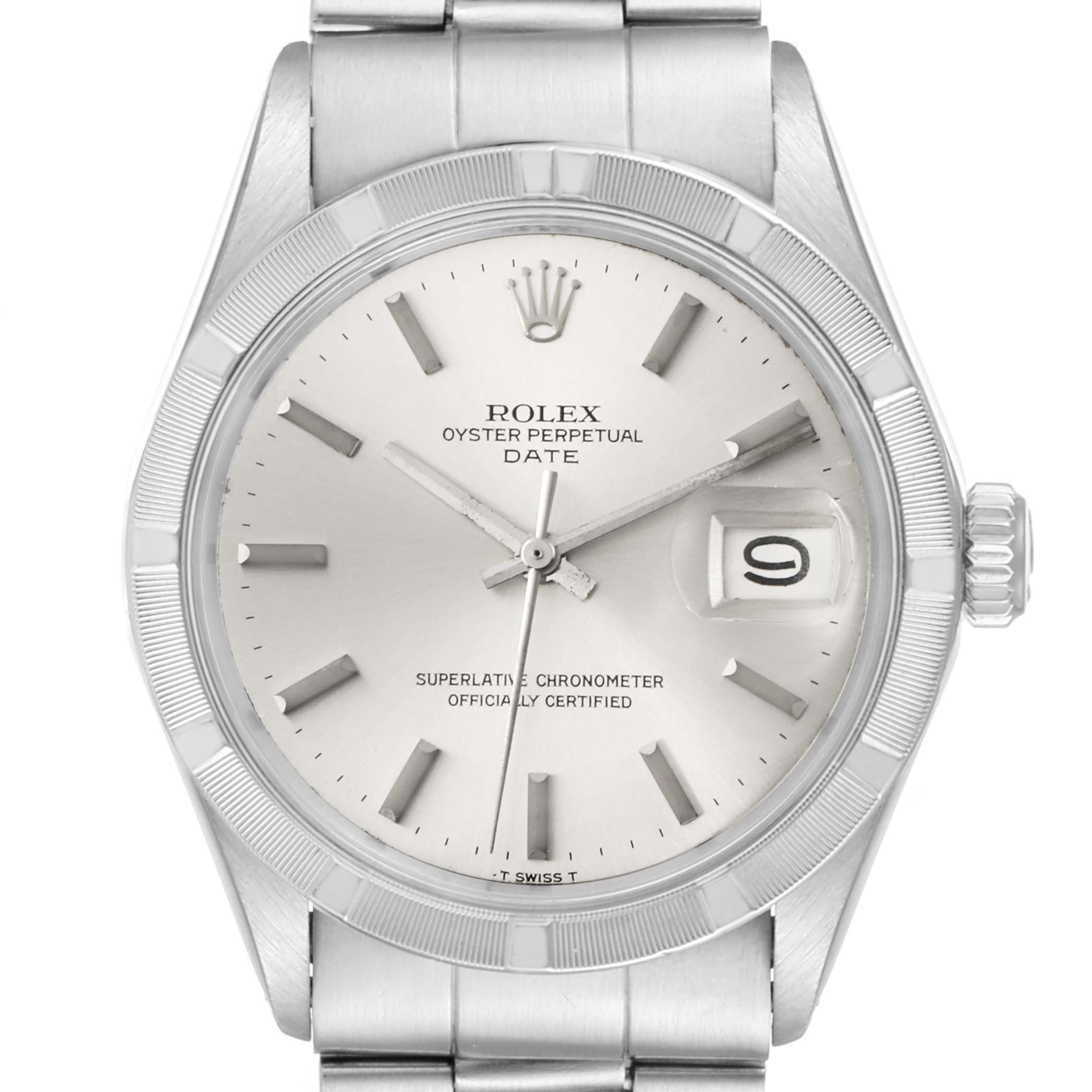 The Rolex Vintage Collection 1501 Men's Stainless Steel Silver Dial 1501 Men's Stainless Steel Silver Dial model is shown from the front, displaying its silver dial, date window, and stainless steel bracelet.