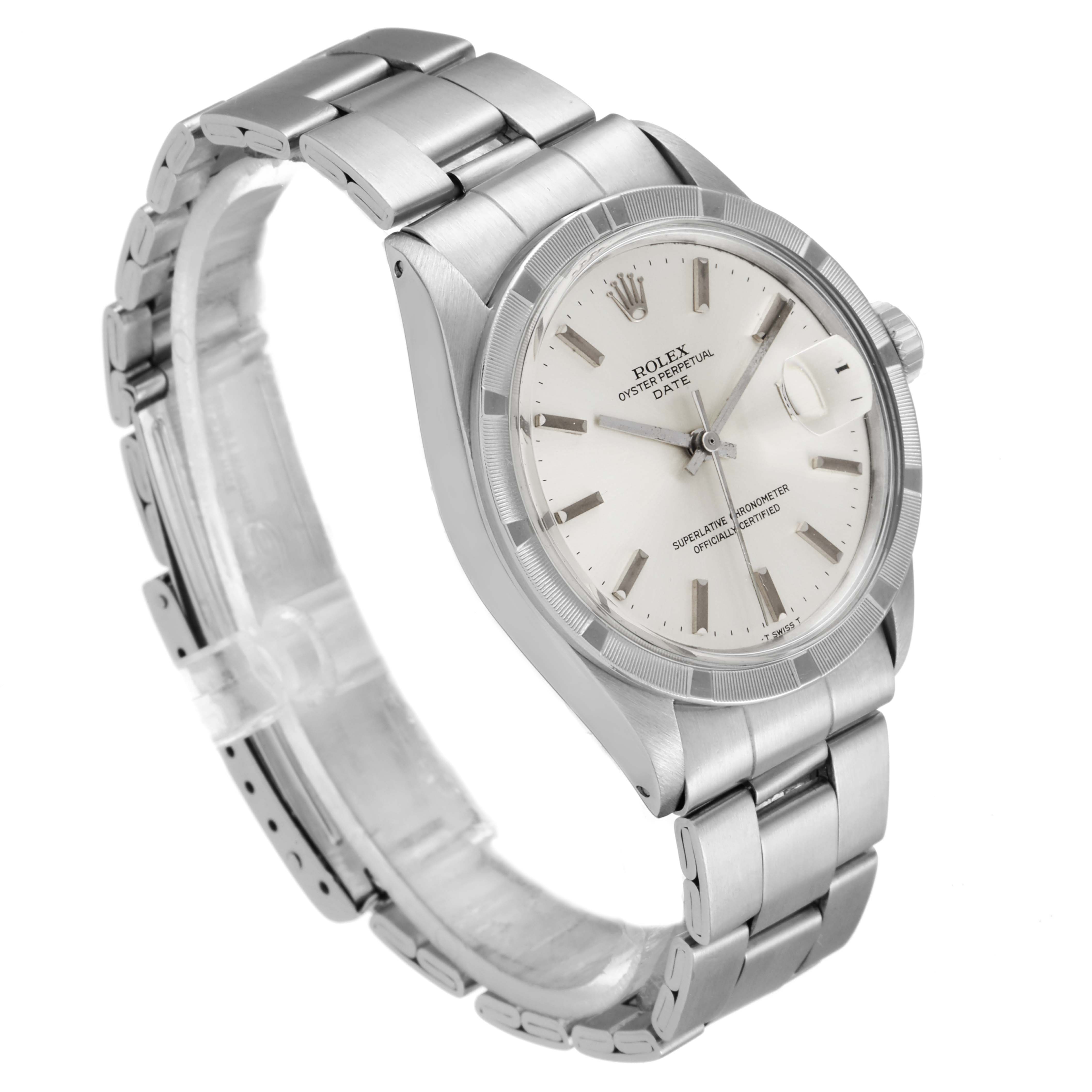 The image shows a side angle of the Rolex Vintage Collection 1501 Men's Stainless Steel Silver Dial 1501 Men's Stainless Steel Silver Dial Oyster Perpetual Date watch, highlighting the dial, bezel, and bracelet.