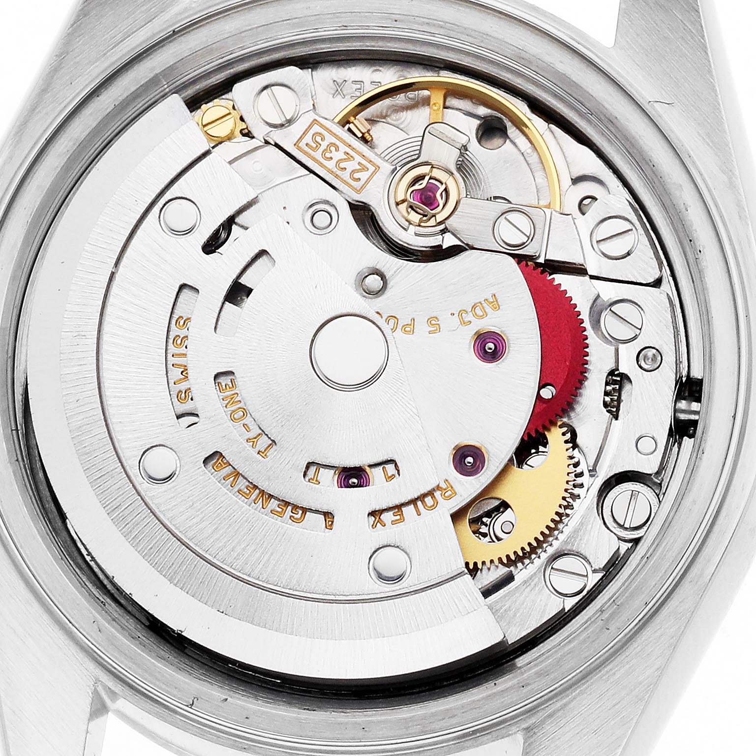 The image shows the back view of a Rolex Date 79160 Women's Stainless Steel White Dial 79160 Women's Stainless Steel White Dial model, highlighting its intricate movement and internal components.