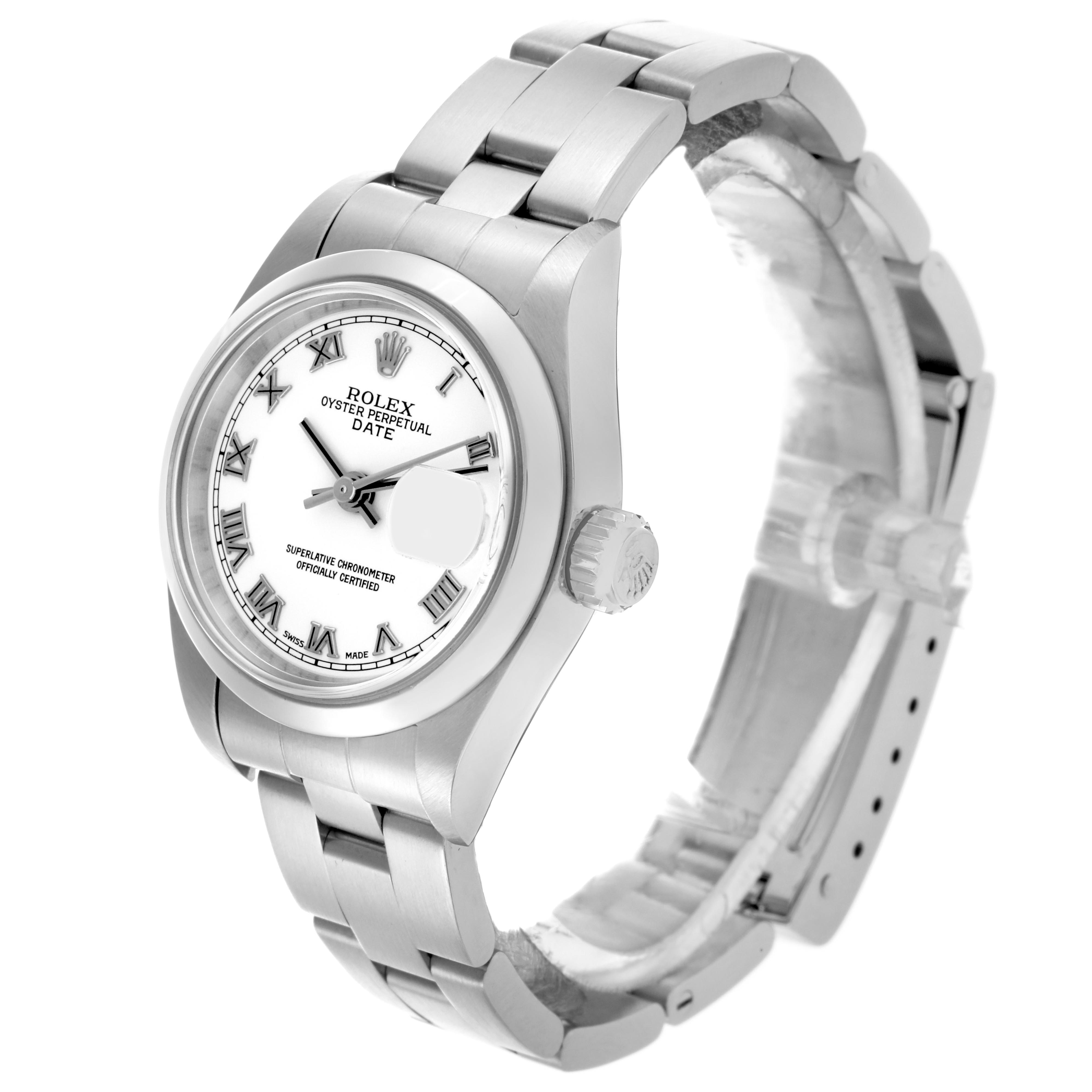The Rolex Date 79160 Women's Stainless Steel White Dial 79160 Women's Stainless Steel White Dial model watch is shown at a three-quarter angle, featuring the face, bezel, crown, and part of the bracelet.