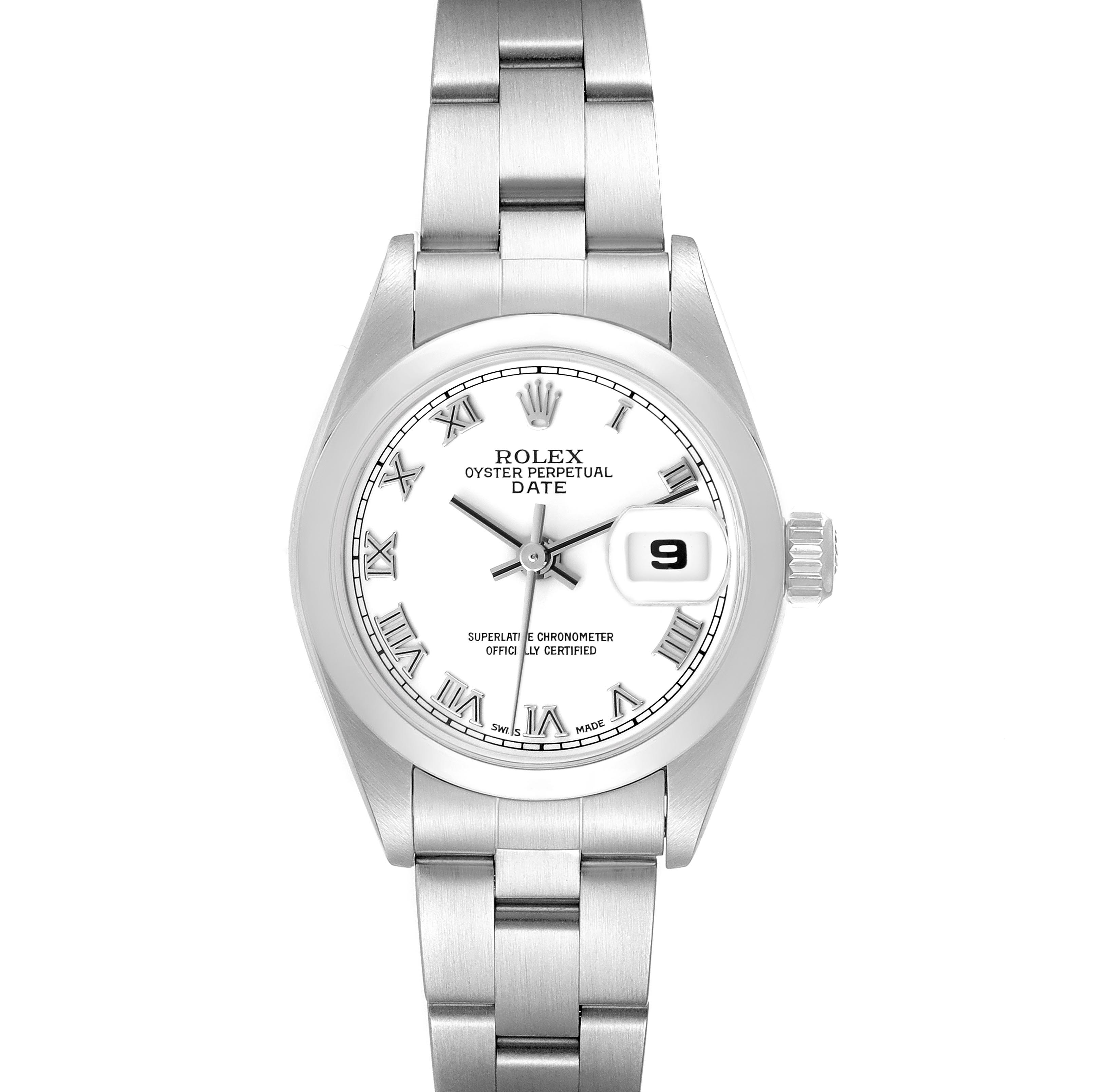 The Rolex Date 79160 Women's Stainless Steel White Dial 79160 Women's Stainless Steel White Dial model is shown from a front view, displaying the dial, bracelet, and crown.