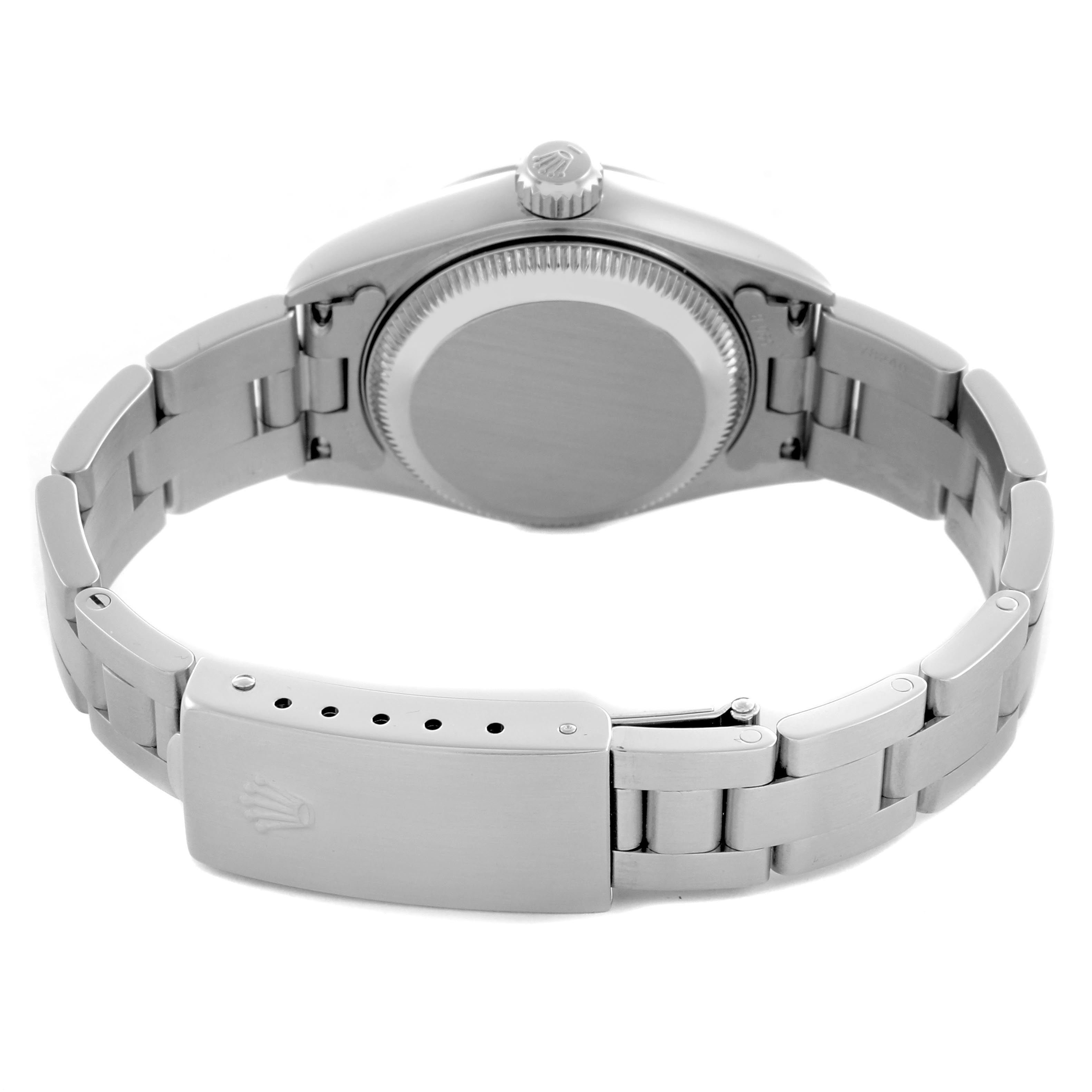 The Rolex Date 79160 Women's Stainless Steel White Dial 79160 Women's Stainless Steel White Dial watch is shown from the back, highlighting the bracelet and clasp with the case back visible.