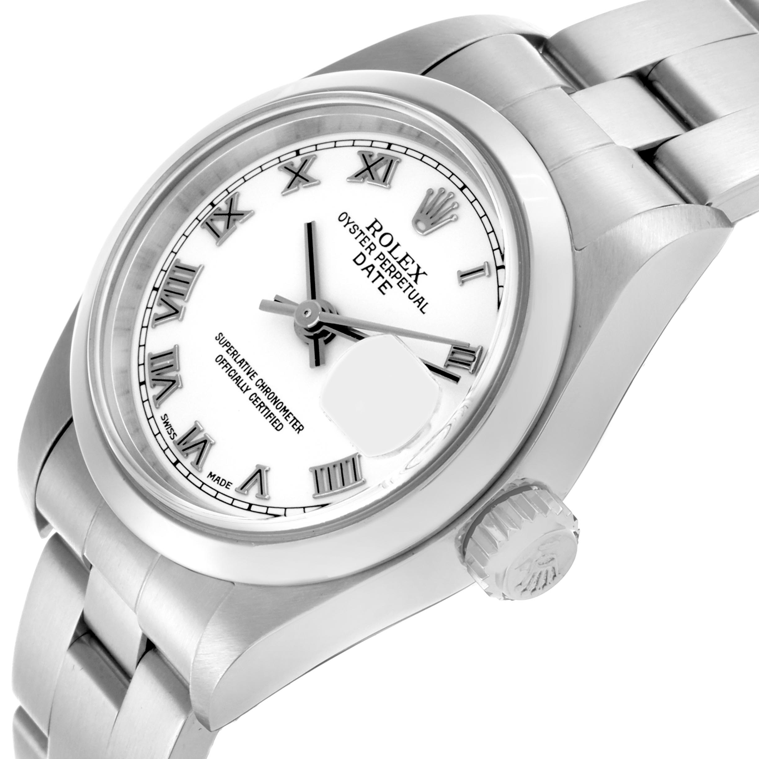 The Rolex Date 79160 Women's Stainless Steel White Dial 79160 Women's Stainless Steel White Dial watch is shown at a slight angle, highlighting the dial, bezel, crown, and part of the bracelet.