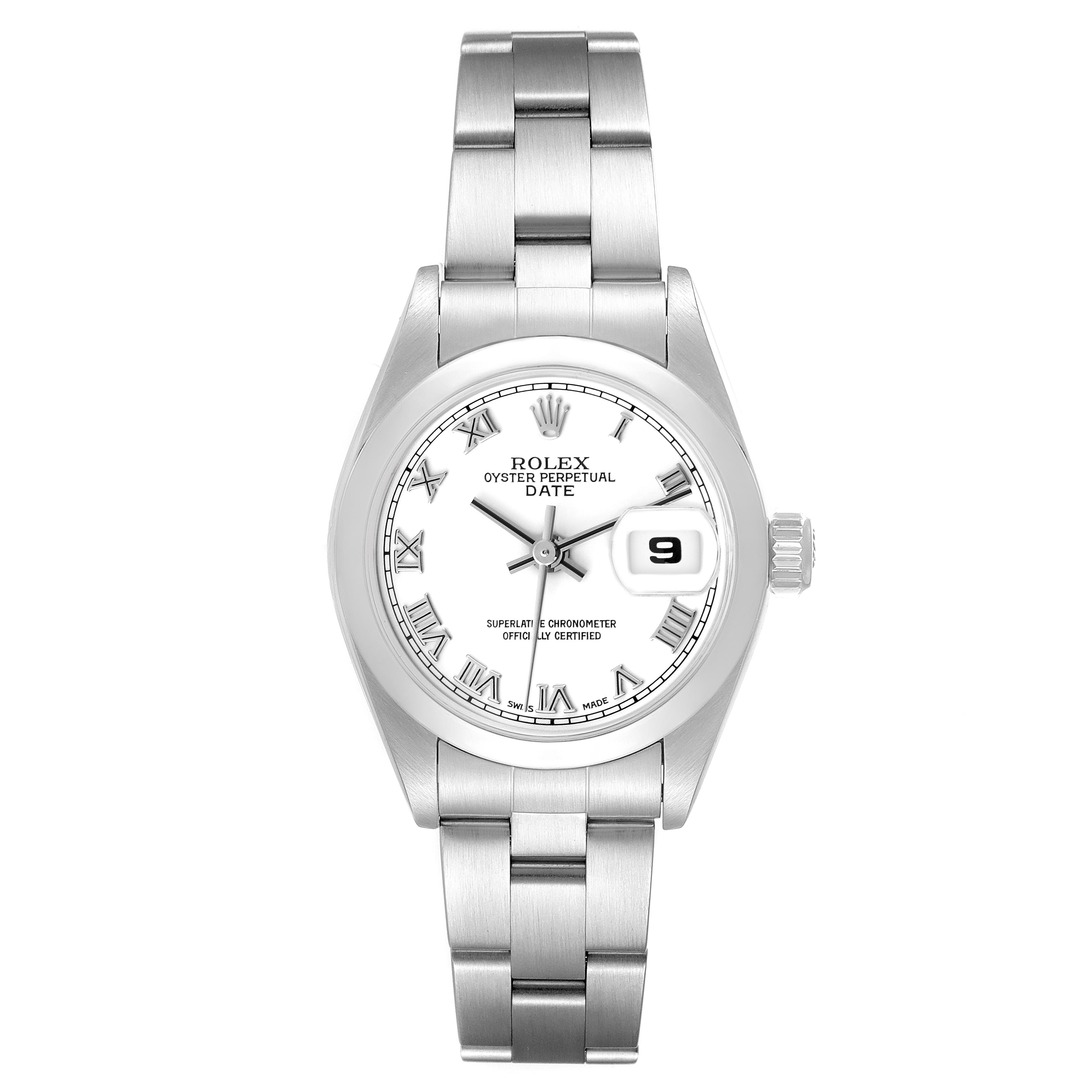 The Rolex Date 79160 Women's Stainless Steel White Dial 79160 Women's Stainless Steel White Dial is shown from a top-down angle, displaying the full face and metal bracelet.