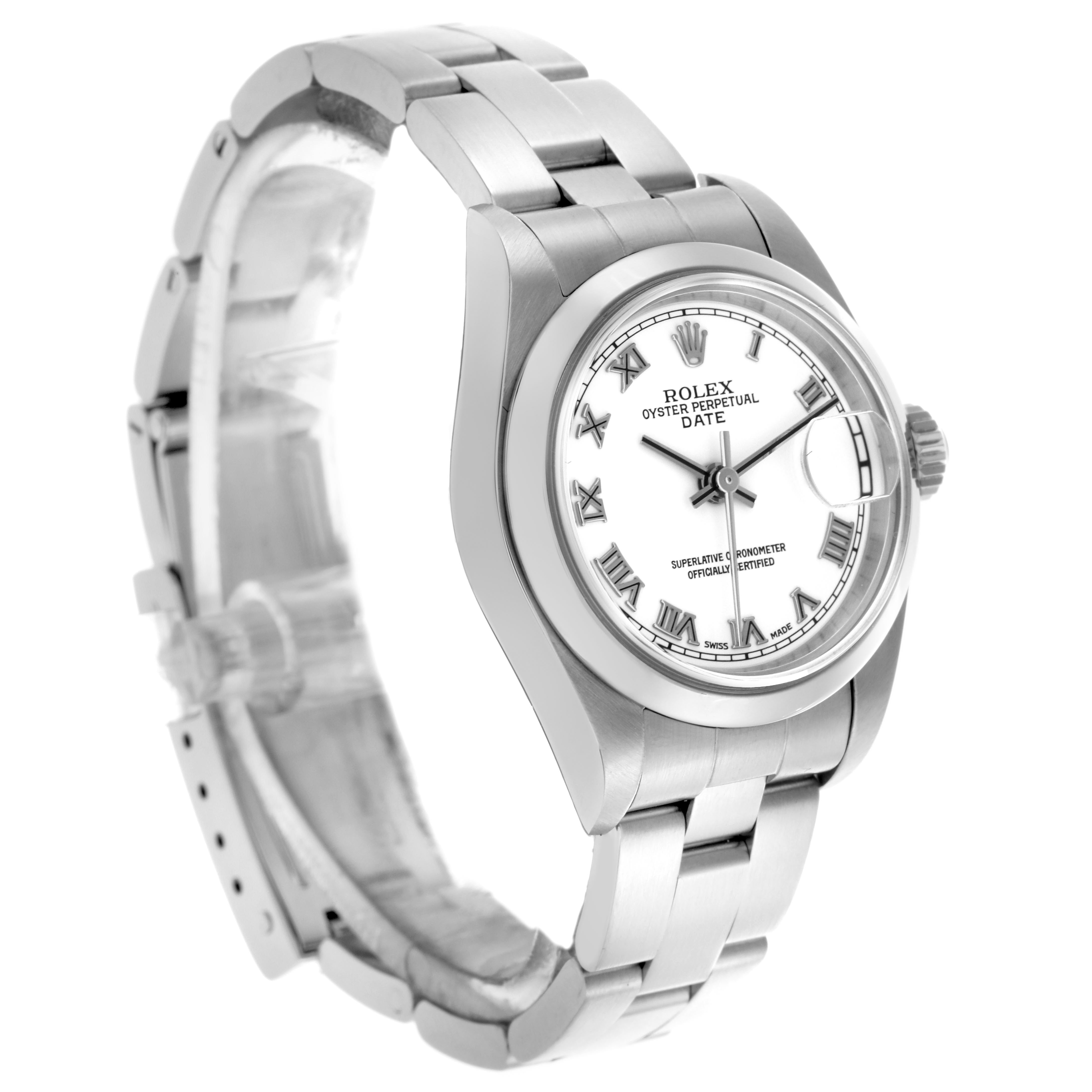 The Rolex Date 79160 Women's Stainless Steel White Dial 79160 Women's Stainless Steel White Dial watch is shown at a three-quarter angle, displaying the face, bezel, bracelet, and crown.