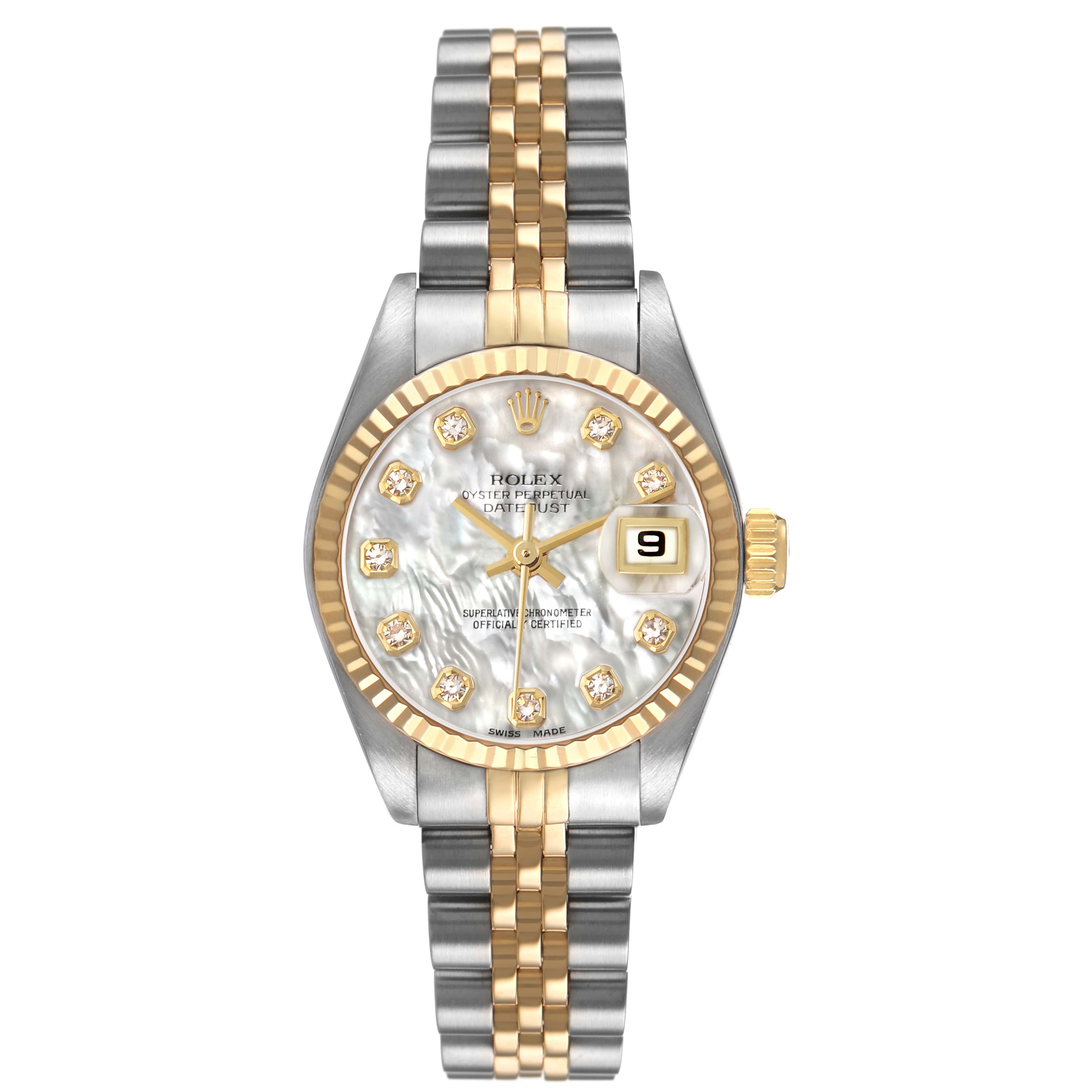The Rolex Datejust 79173 Women's Steel and Gold (two tone) Mother of Pearl Dial watch is shown from the front, highlighting the dial, bezel, bracelet, and date window.