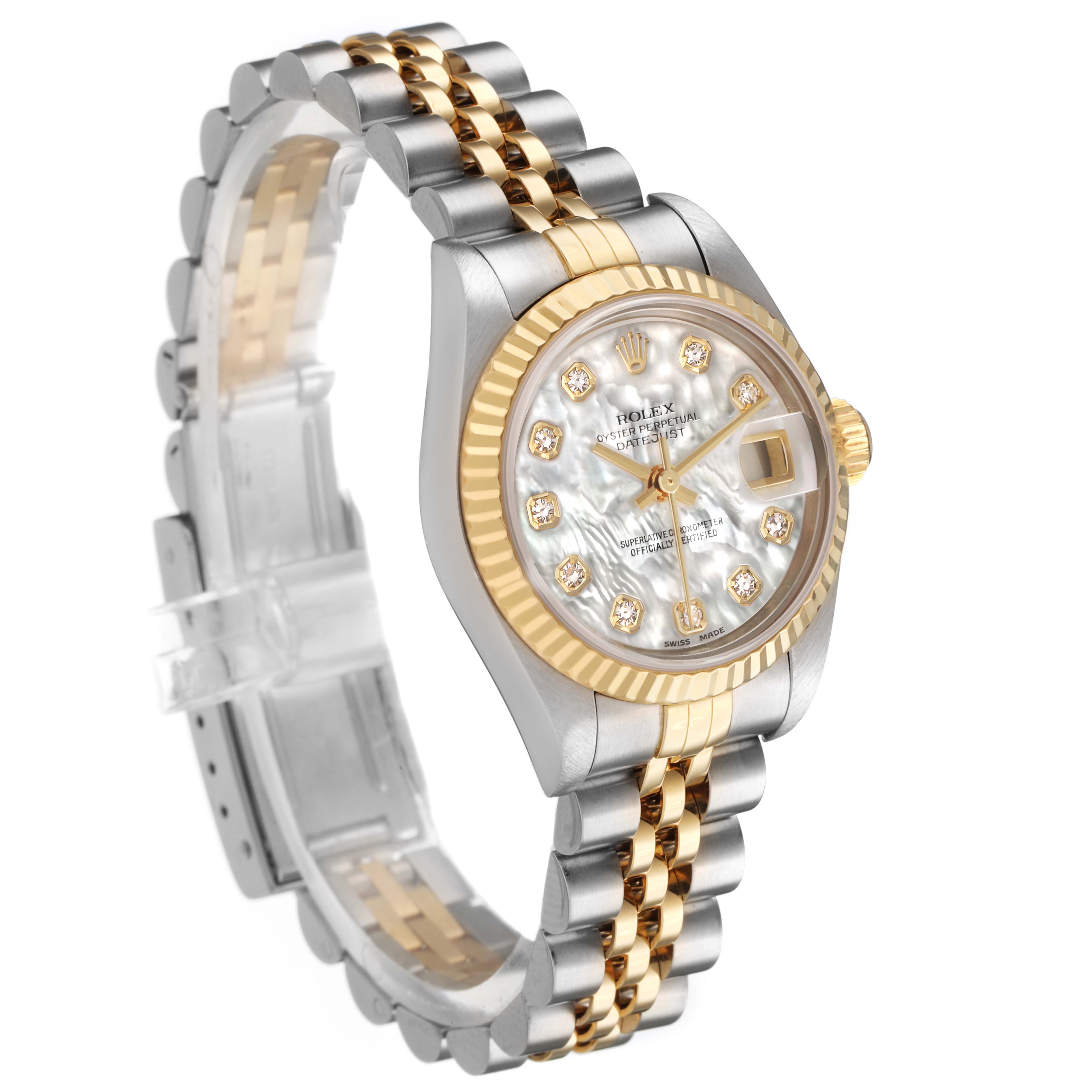 The Rolex Datejust 79173 Women's Steel and Gold (two tone) Mother of Pearl Dial watch is shown at an angled view, highlighting its dial, fluted bezel, and jubilee bracelet.