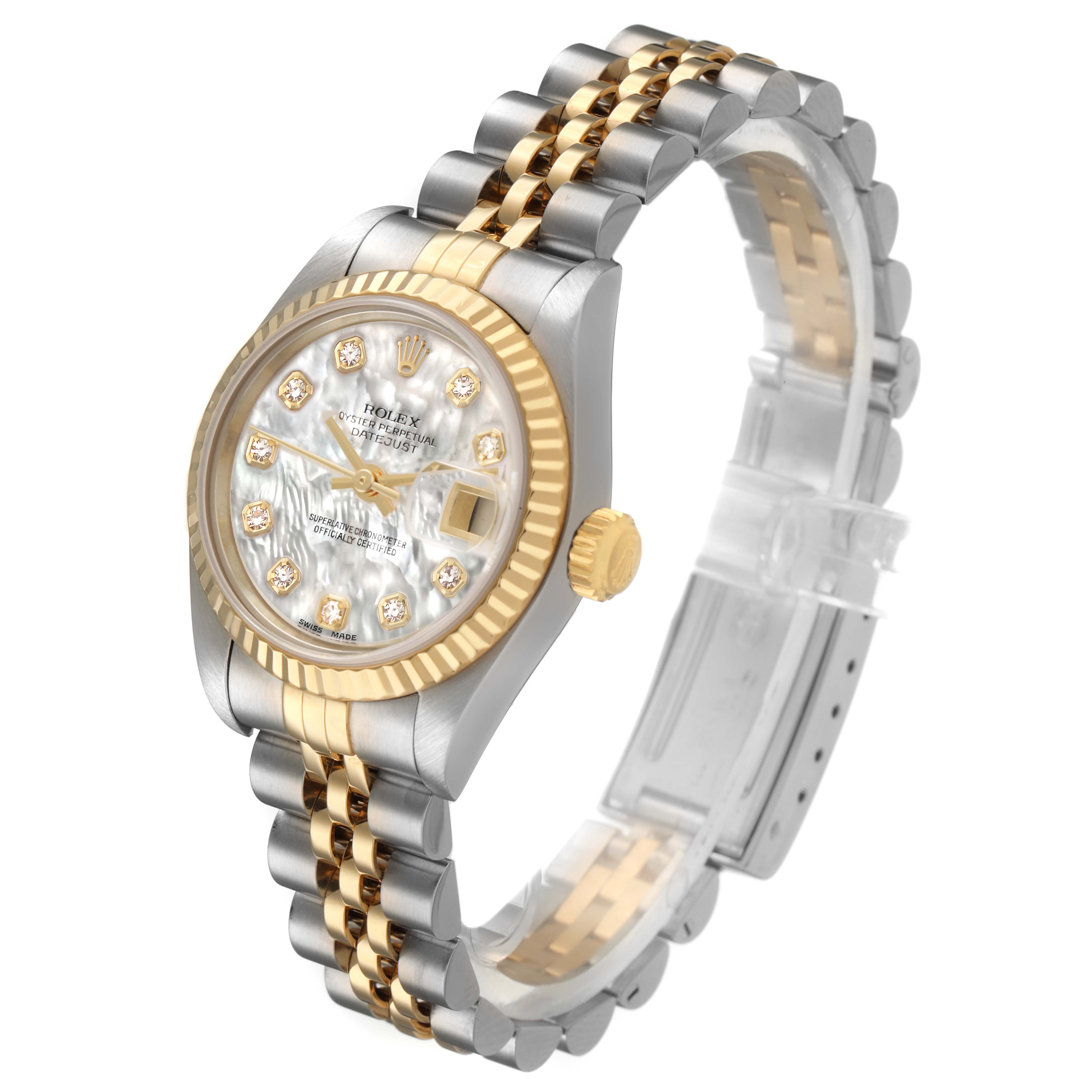 The Rolex Datejust 79173 Women's Steel and Gold (two tone) Mother of Pearl Dial watch is shown at an angled side view highlighting the face, bezel, crown, and a two-tone bracelet.