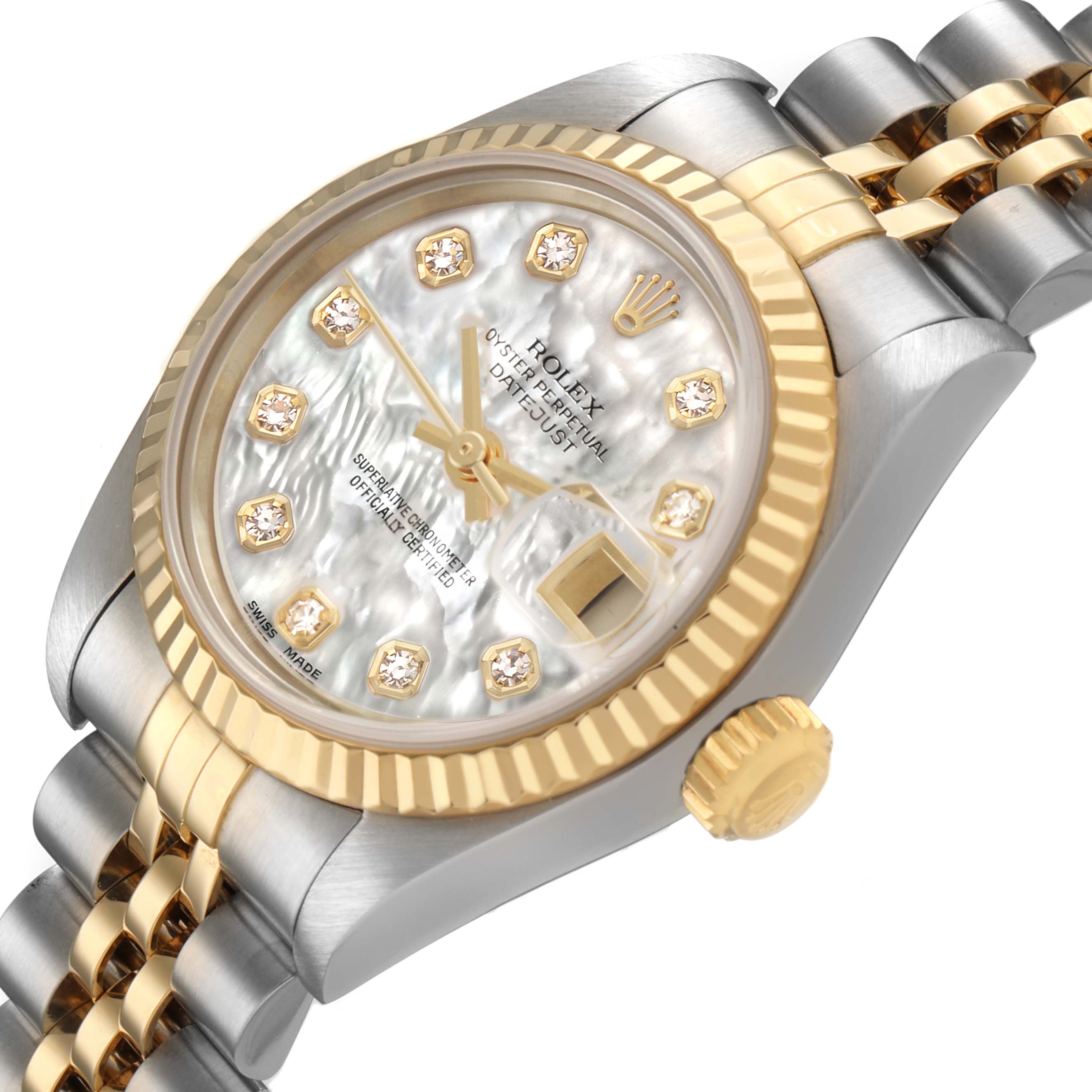 The Rolex Datejust 79173 Women's Steel and Gold (two tone) Mother of Pearl Dial watch is shown at an angled top view, highlighting the dial, bezel, crown, and bracelet.