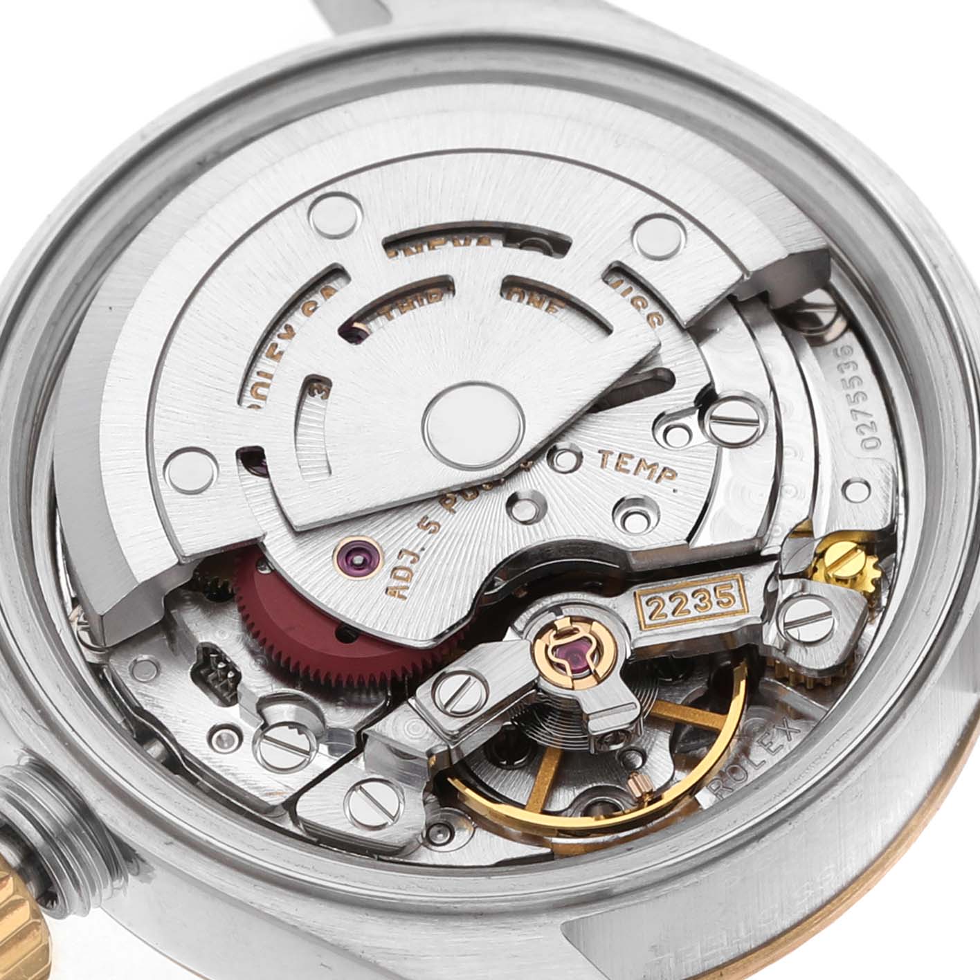 The image shows the movement of a Rolex Datejust 79173 Women's Steel and Gold (two tone) Mother of Pearl Dial watch with its intricate mechanical parts visible from above.