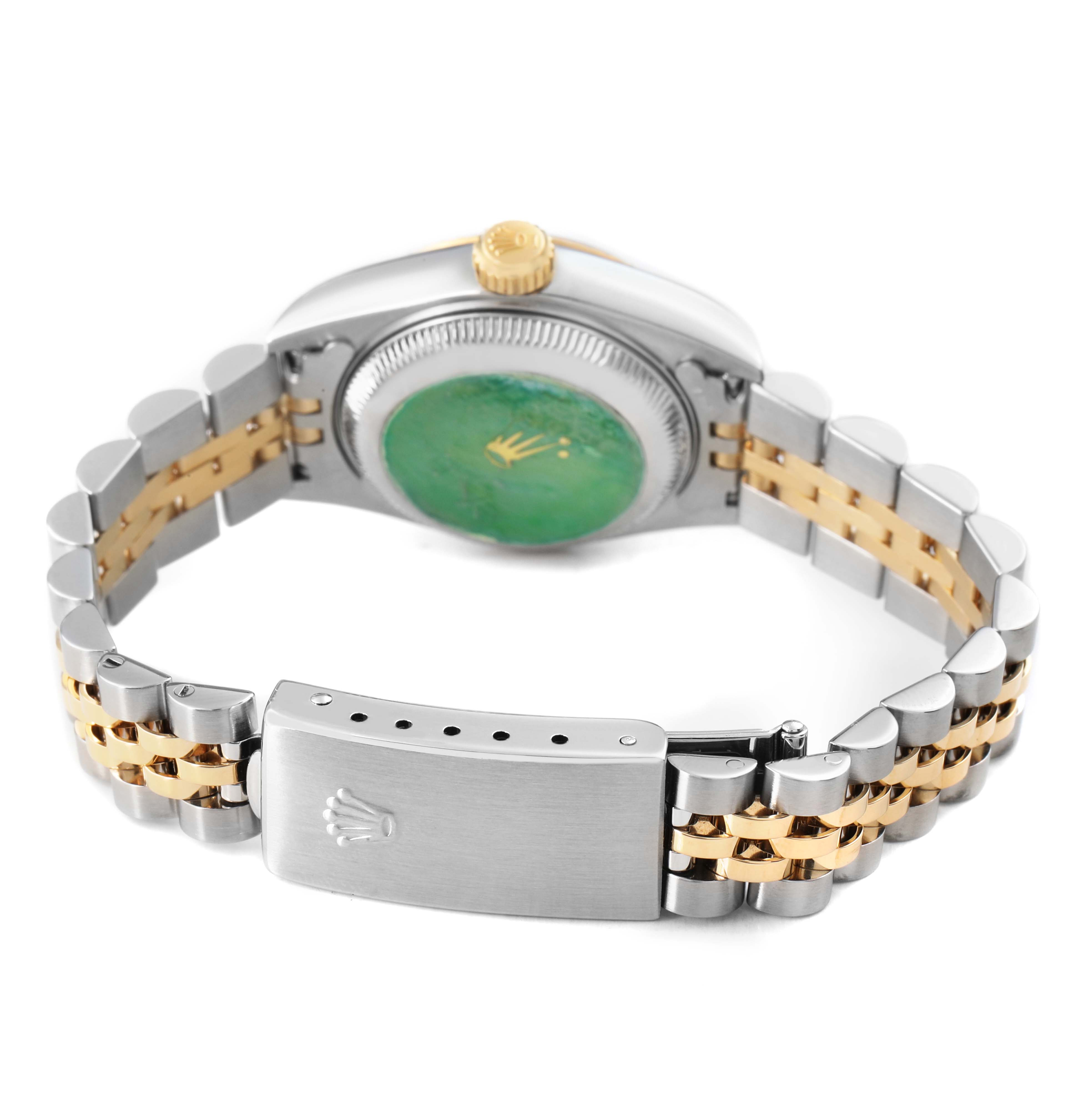 The image shows the back and bracelet of a Rolex Datejust 79173 Women's Steel and Gold (two tone) Mother of Pearl Dial, highlighting the clasp and two-tone links.