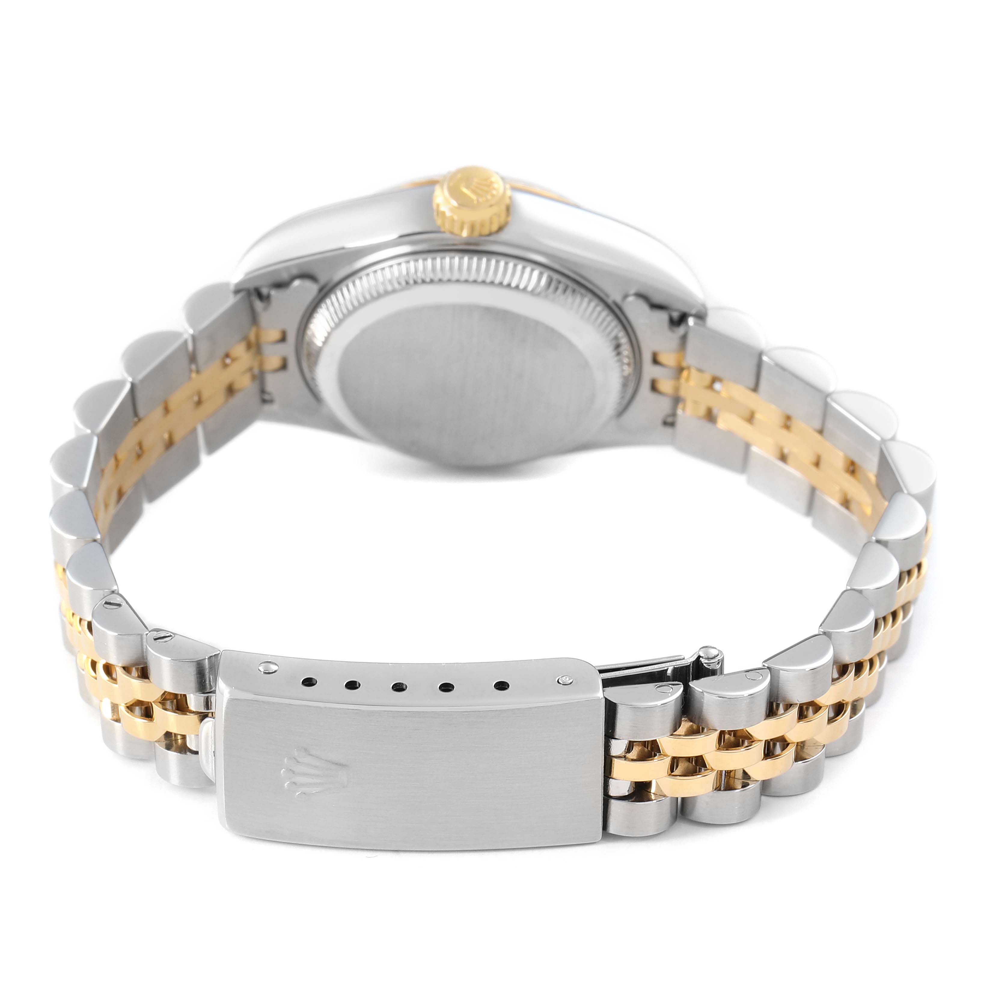 The image shows the back of a Rolex Datejust 79173 Women's Steel and Gold (two tone) White Dial, highlighting the case back and the bi-metal jubilee bracelet with clasp.