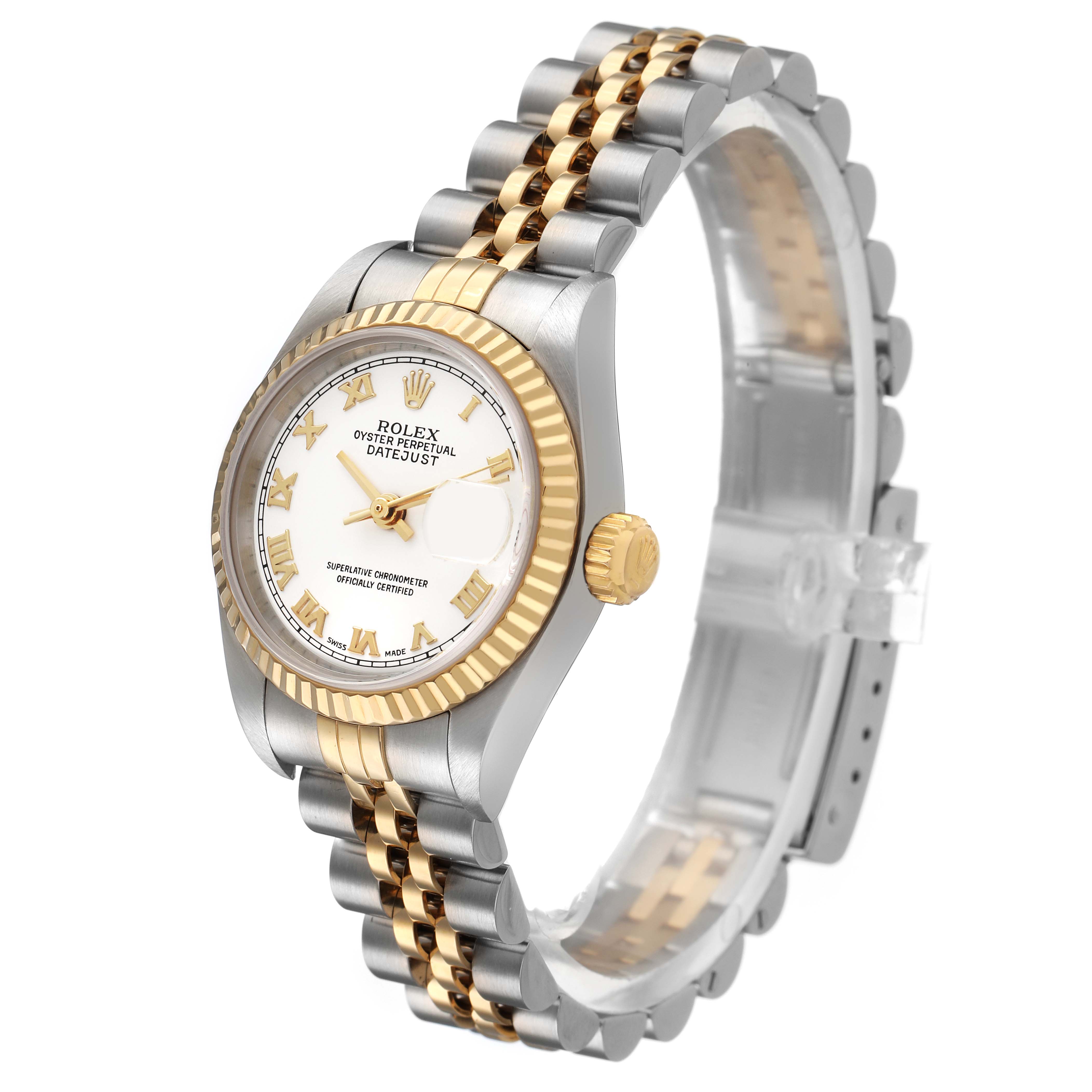 The Rolex Datejust 79173 Women's Steel and Gold (two tone) White Dial watch is shown at a three-quarter angle, displaying the face, fluted bezel, and jubilee bracelet.