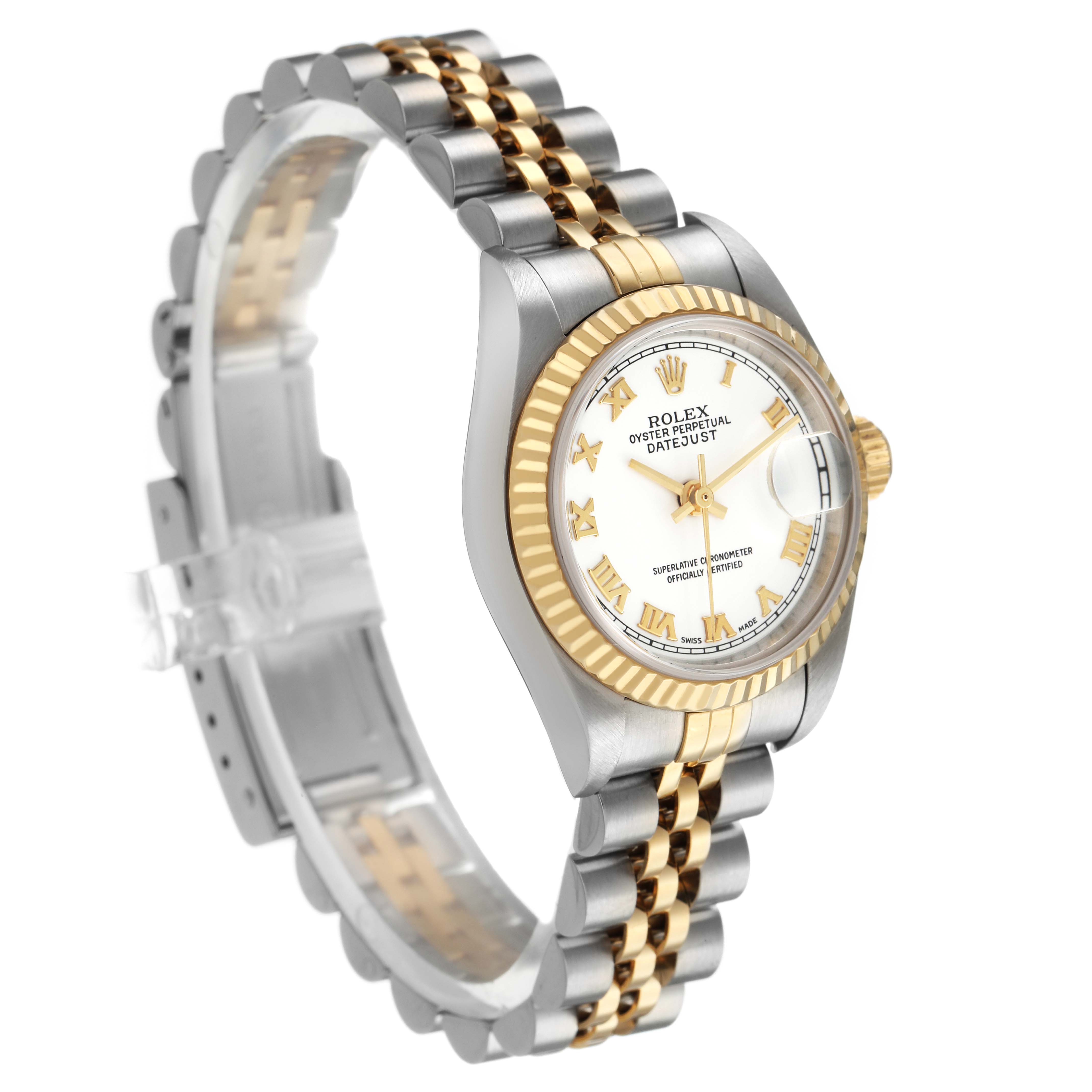 The Rolex Datejust 79173 Women's Steel and Gold (two tone) White Dial watch is shown at a three-quarter angle, highlighting its face, bezel, and jubilee bracelet.