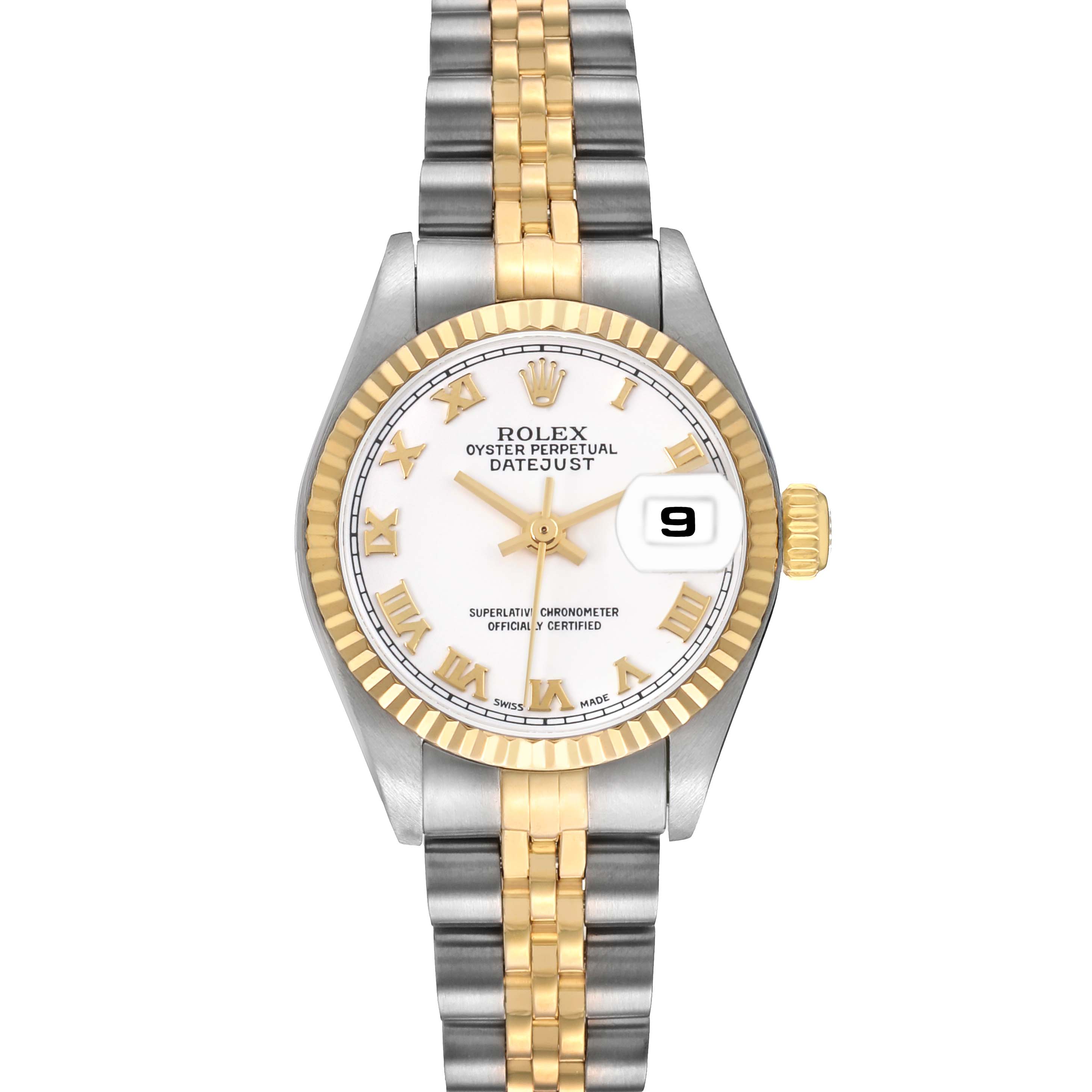 The Rolex Datejust 79173 Women's Steel and Gold (two tone) White Dial watch is shown from a top view, featuring the dial, two-tone bracelet, fluted bezel, and date display.