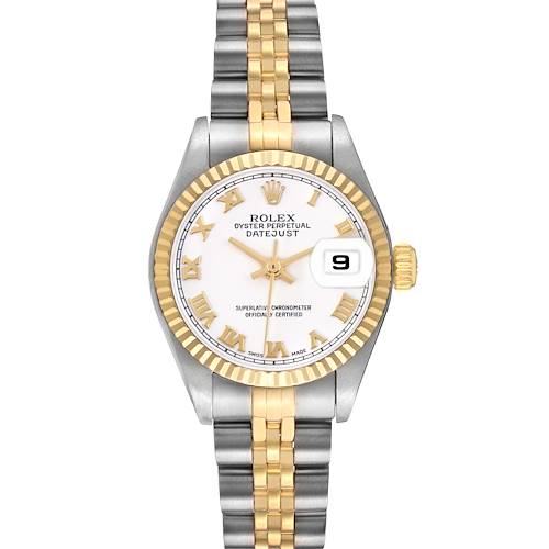 The image shows a frontal view of a Rolex Datejust 79173 Women's Steel and Gold (two tone) White Dial watch, highlighting its face, bezel, and bracelet.