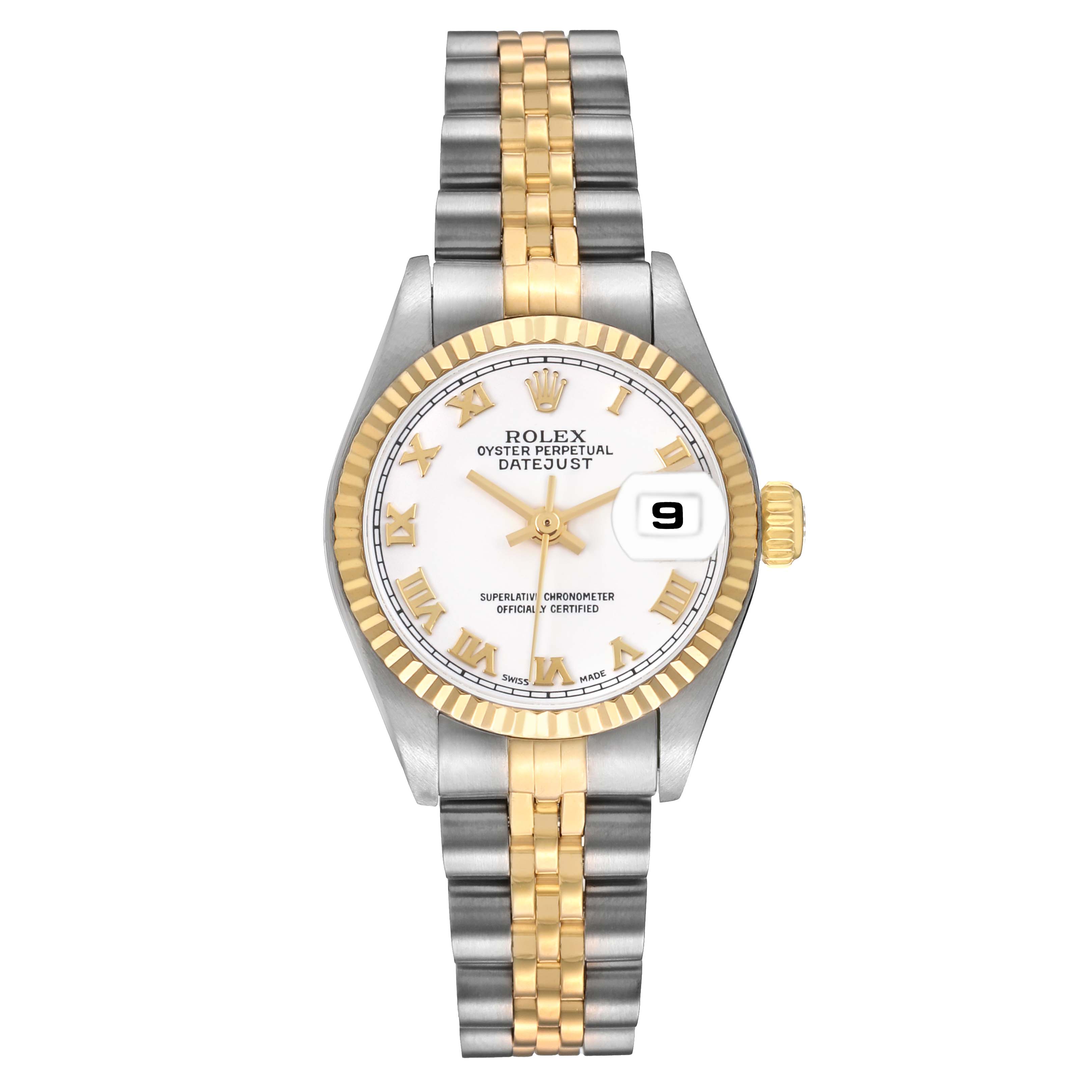 The image shows a Rolex Datejust 79173 Women's Steel and Gold (two tone) White Dial watch from a top view, displaying the dial, bezel, bracelet, and crown.