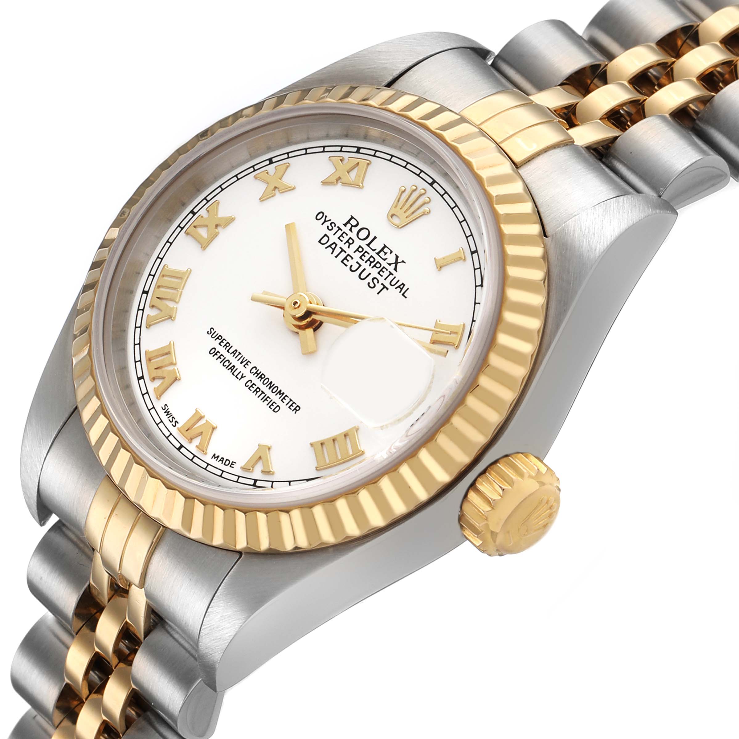 The Rolex Datejust 79173 Women's Steel and Gold (two tone) White Dial watch is shown from a three-quarter angle, highlighting the dial, bezel, crown, and part of the bracelet.