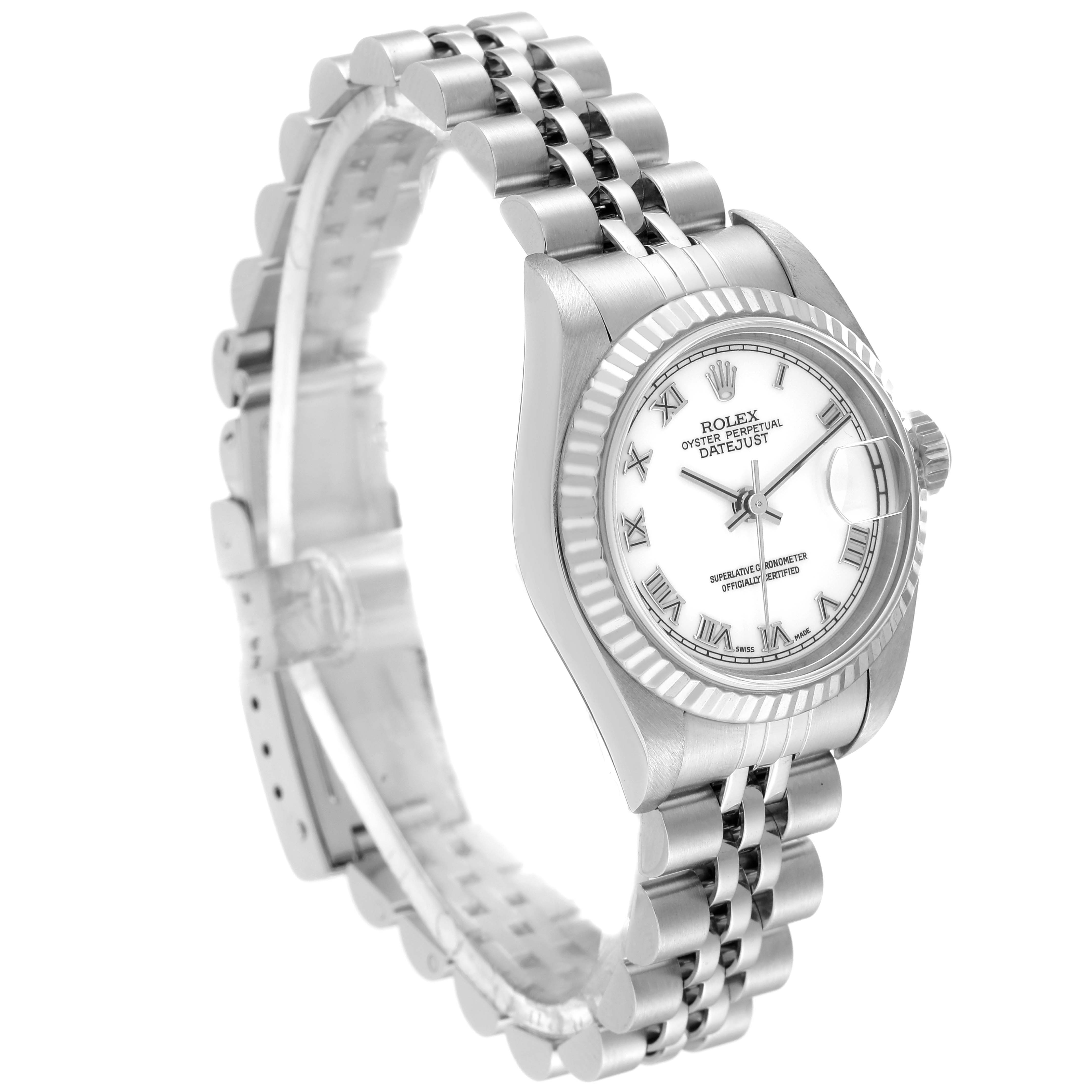 The image shows a Rolex Datejust 79174 Women's Stainless Steel White Dial 79174 Women's Stainless Steel White Dial watch at a three-quarter angle, highlighting the bracelet, crown, and dial.