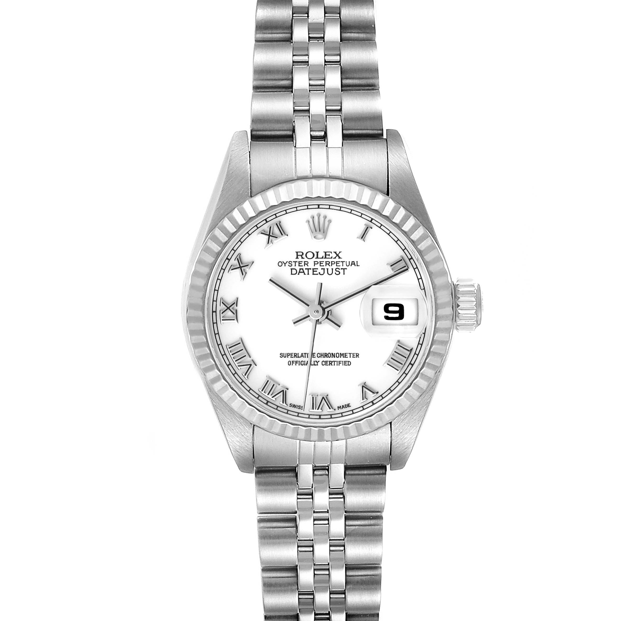 This image shows a full frontal view of the Rolex Datejust 79174 Women's Stainless Steel White Dial 79174 Women's Stainless Steel White Dial watch, displaying its face, bezel, and bracelet.