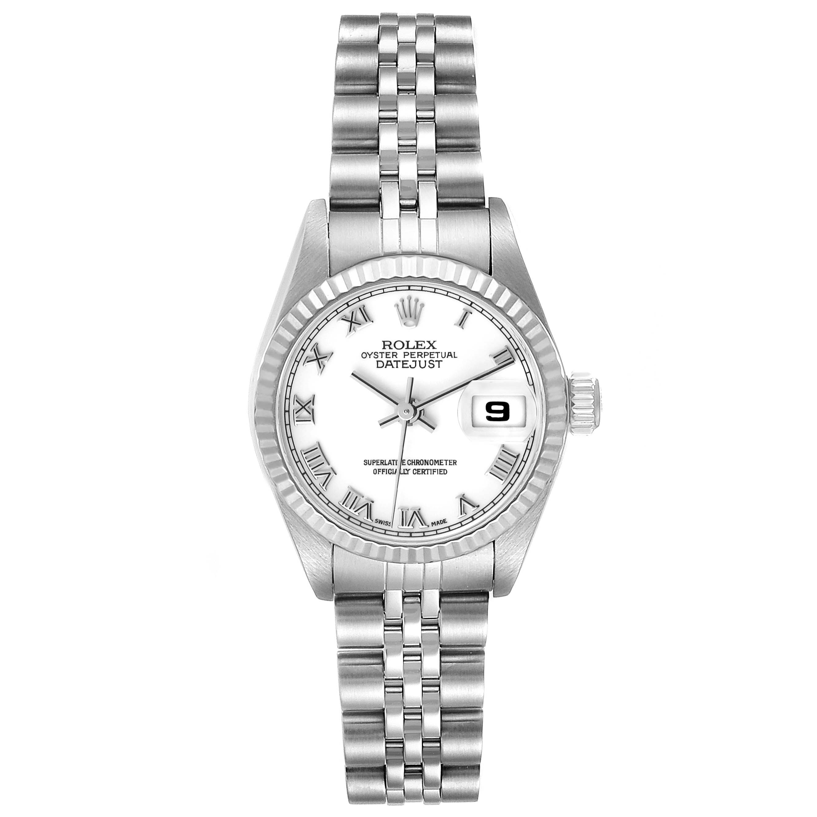 The image shows a front view of a Rolex Datejust 79174 Women's Stainless Steel White Dial 79174 Women's Stainless Steel White Dial watch, displaying its dial, bezel, and bracelet.