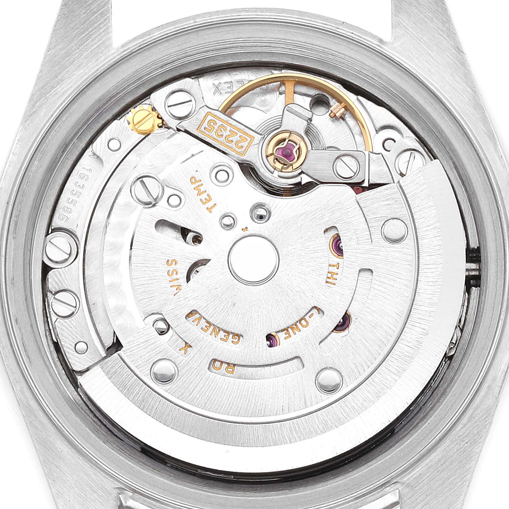 This image shows the intricate movement and mechanism of a Rolex Datejust 79174 Women's Stainless Steel White Dial 79174 Women's Stainless Steel White Dial model watch from a rear angle with the case back removed.