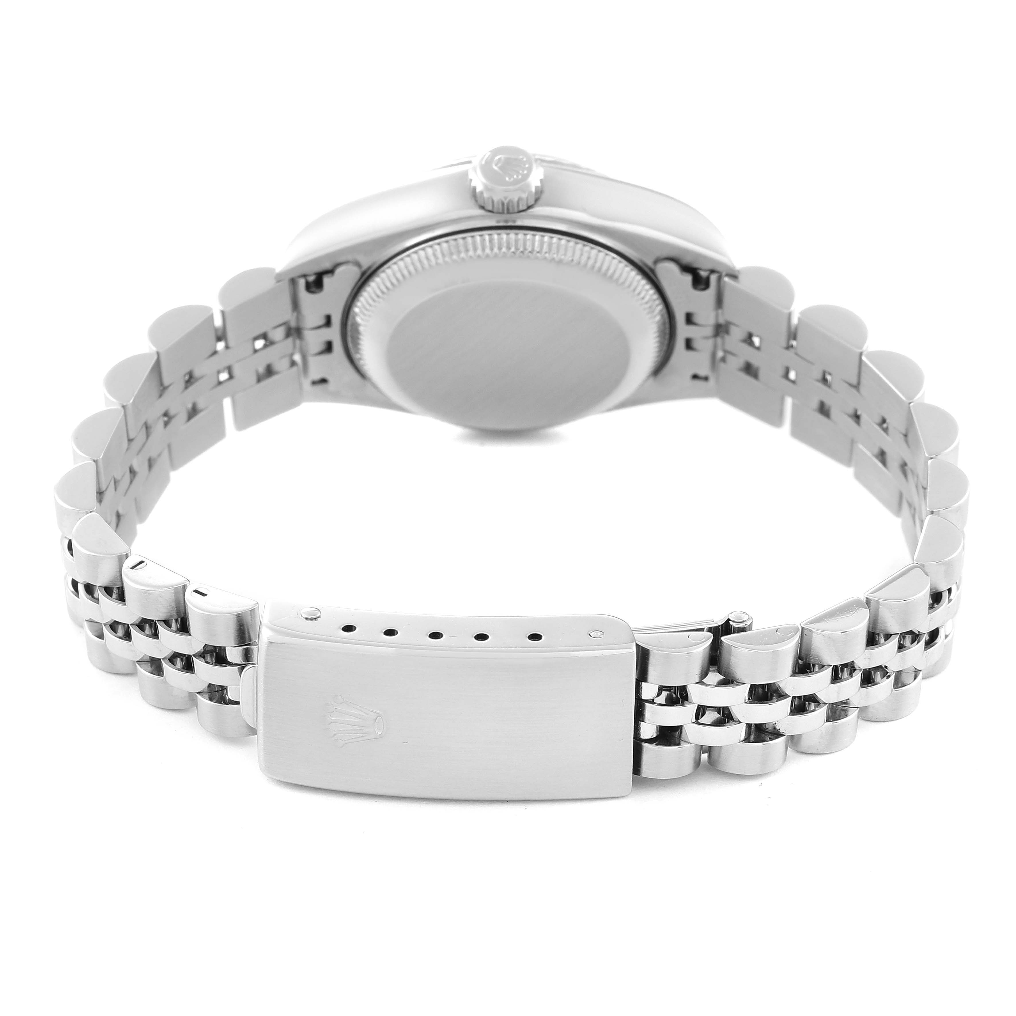 The image shows the back view of the Rolex Datejust 79174 Women's Stainless Steel White Dial 79174 Women's Stainless Steel White Dial, focusing on the bracelet and clasp.