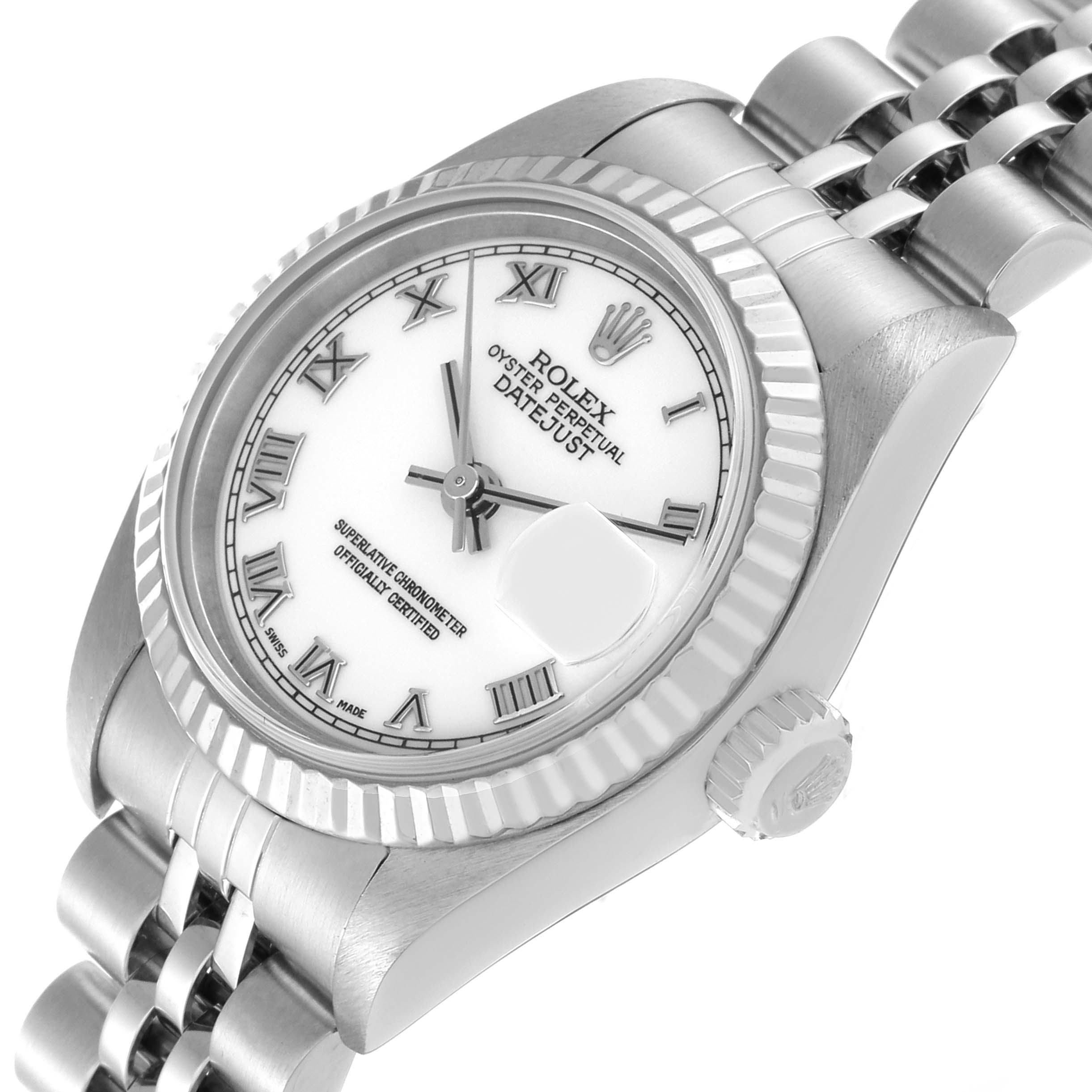 This image shows a Rolex Datejust 79174 Women's Stainless Steel White Dial 79174 Women's Stainless Steel White Dial watch from an angled side view, highlighting the face, bezel, crown, and part of the bracelet.