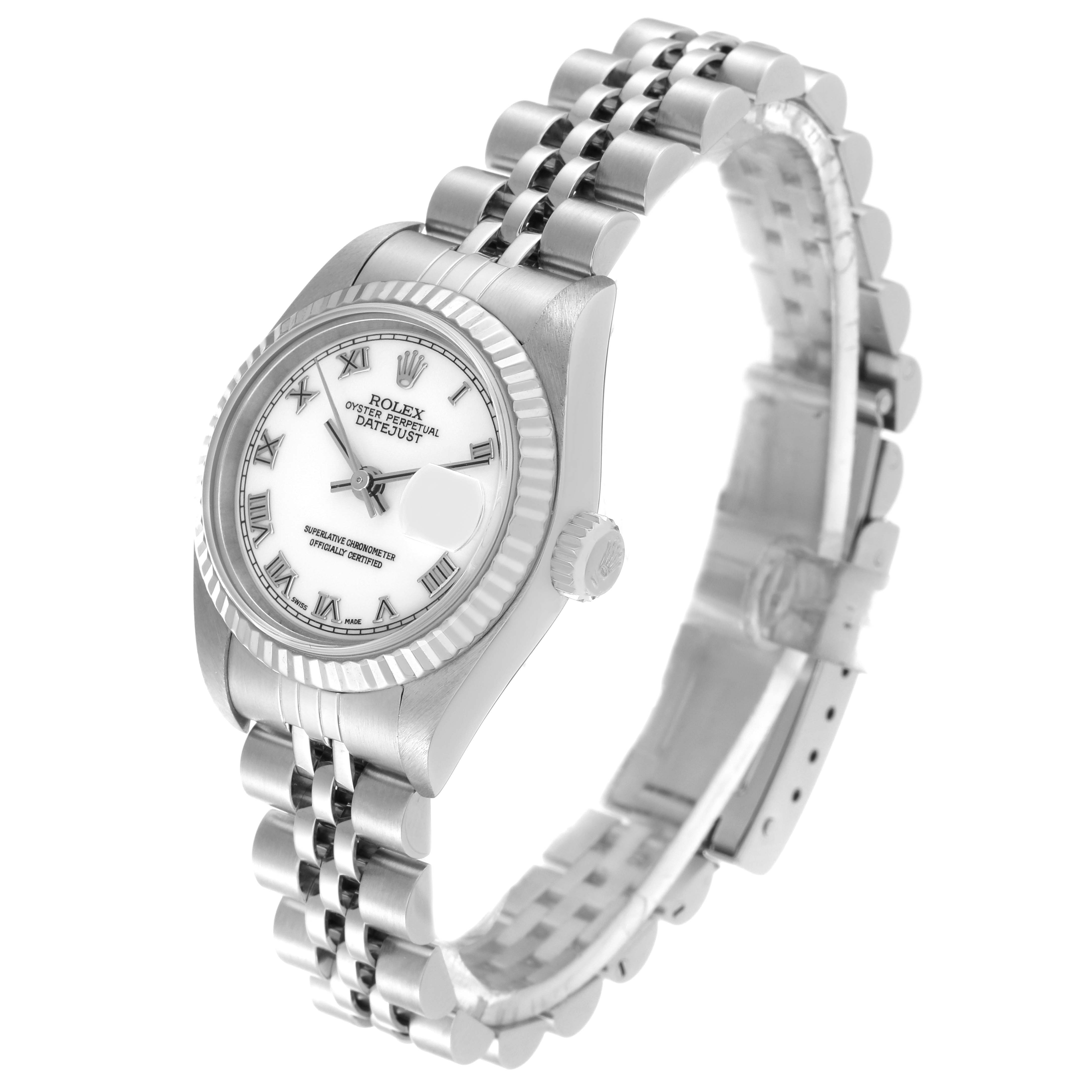 The Rolex Datejust 79174 Women's Stainless Steel White Dial 79174 Women's Stainless Steel White Dial watch is shown from an angled view, displaying the face, bezel, and a portion of the bracelet.