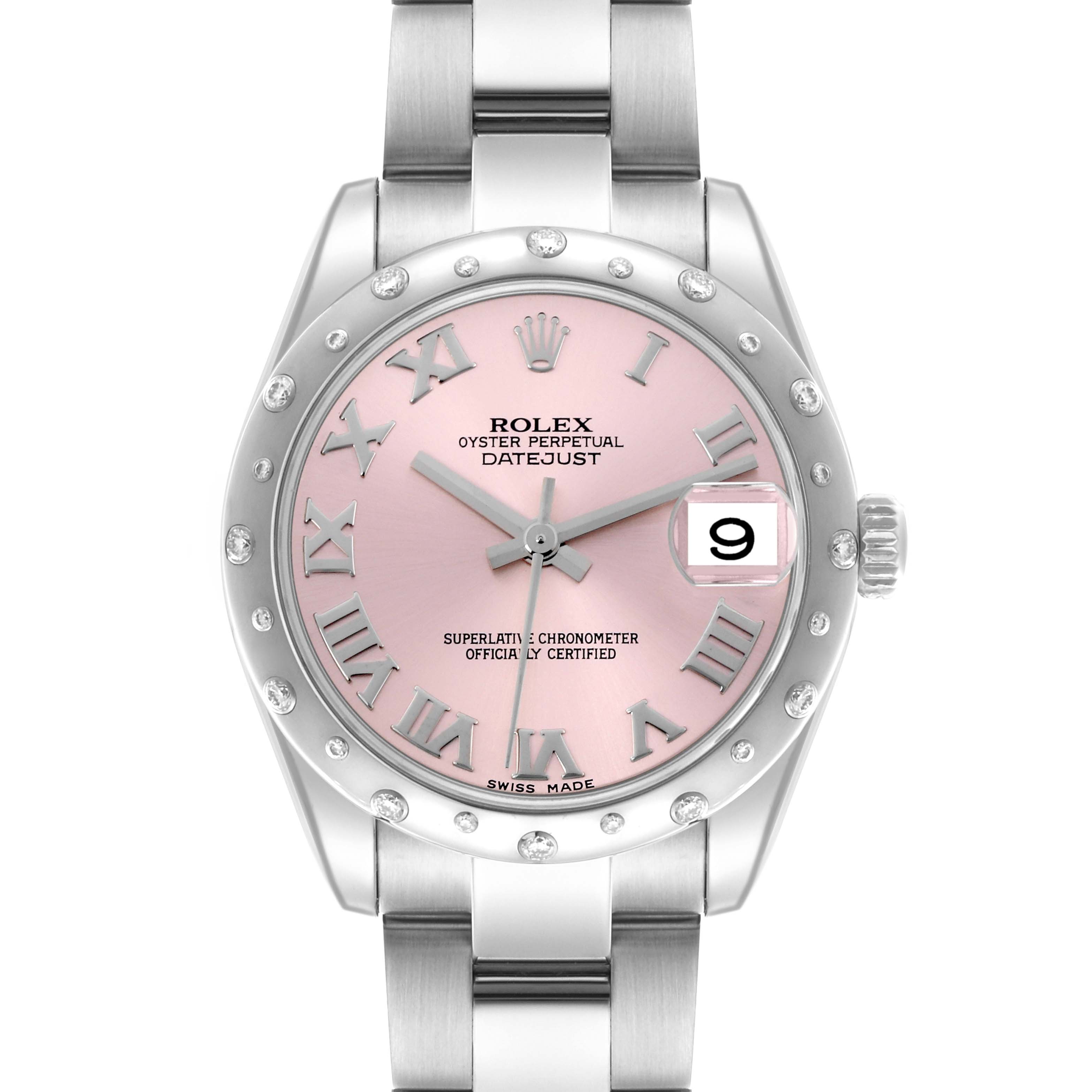 The image shows a top-down view of a Rolex Mid-Size 178344 Women's Stainless Steel Pink Dial 178344 Women's Stainless Steel Pink Dial Datejust, displaying the dial, bezel, and bracelet.