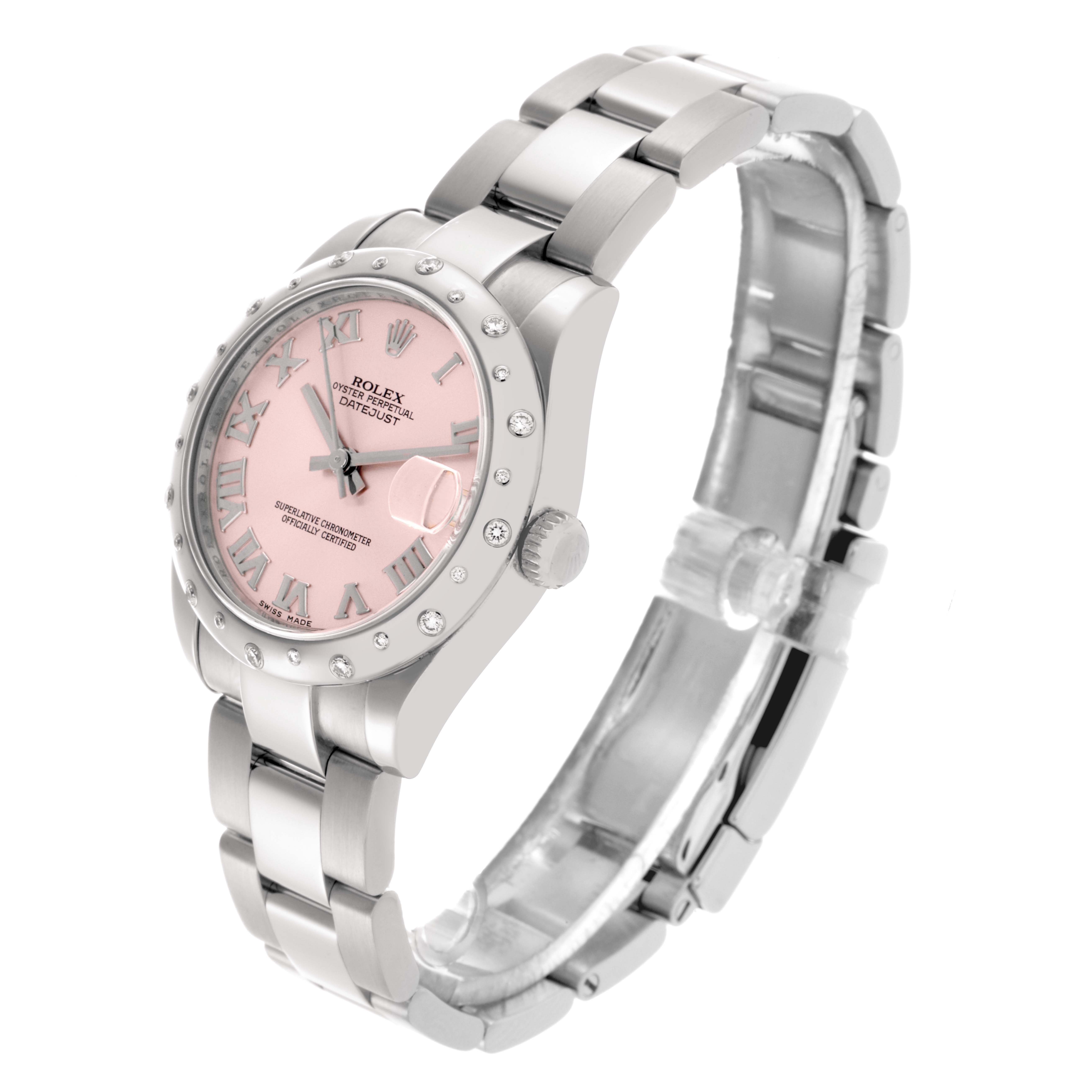 The Rolex Mid-Size 178344 Women's Stainless Steel Pink Dial 178344 Women's Stainless Steel Pink Dial watch is shown at a three-quarter angle, highlighting the bracelet, crown, and pink dial with Roman numerals.