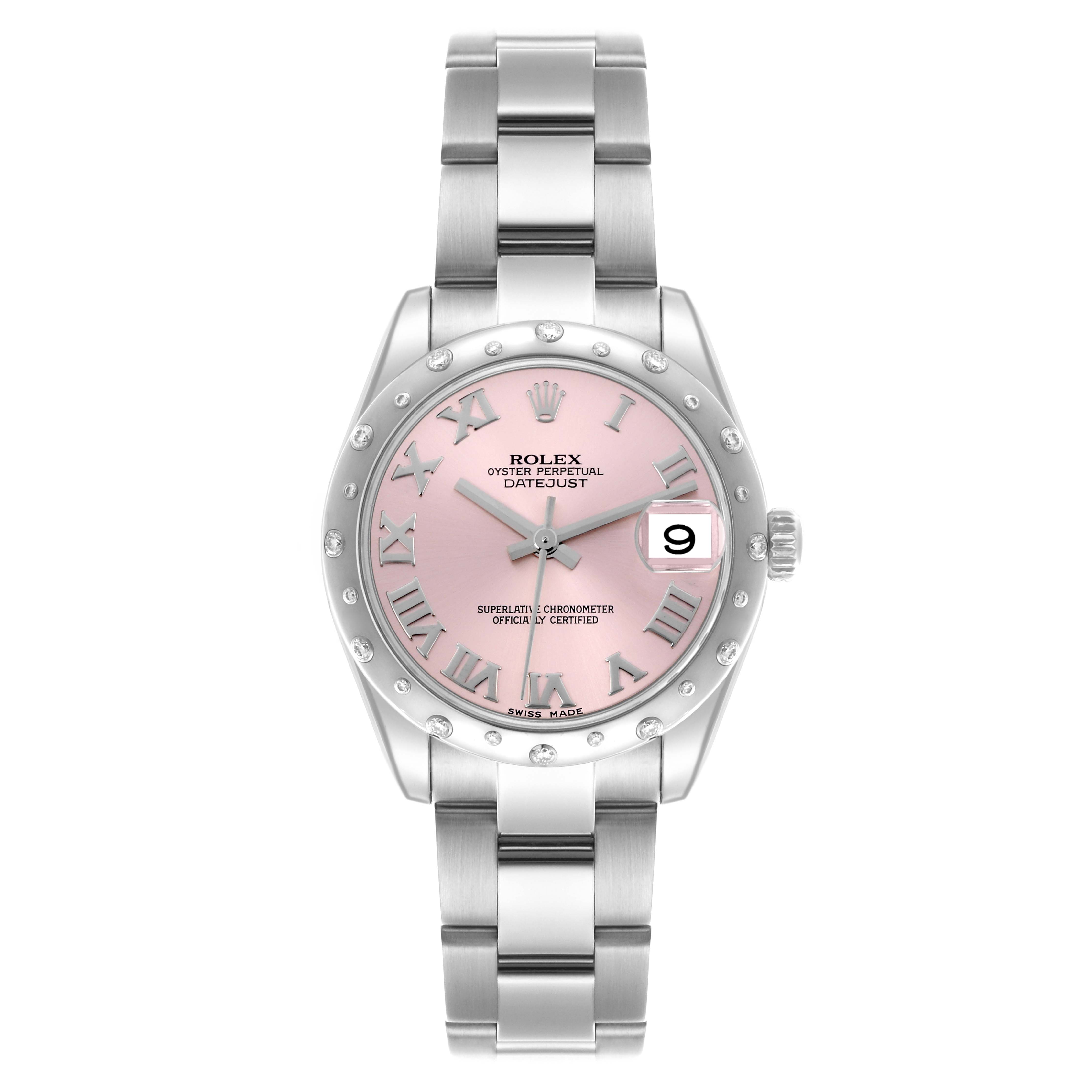 The Rolex Mid-Size 178344 Women's Stainless Steel Pink Dial 178344 Women's Stainless Steel Pink Dial Datejust watch is shown from a front angle, displaying the dial, bezel, and bracelet.