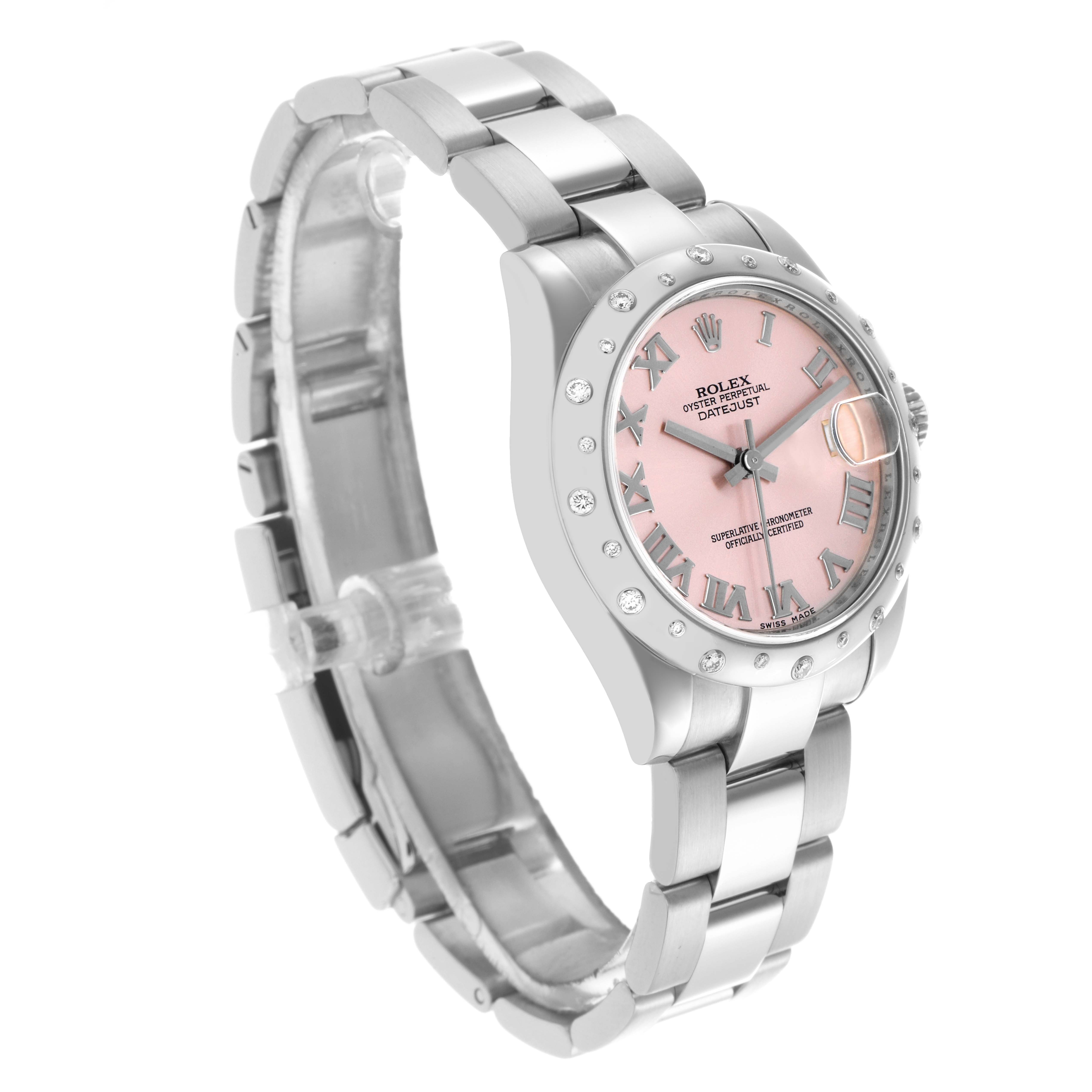 The Rolex Mid-Size 178344 Women's Stainless Steel Pink Dial 178344 Women's Stainless Steel Pink Dial watch is shown at a three-quarter angle, highlighting the face, bracelet, and bezel.