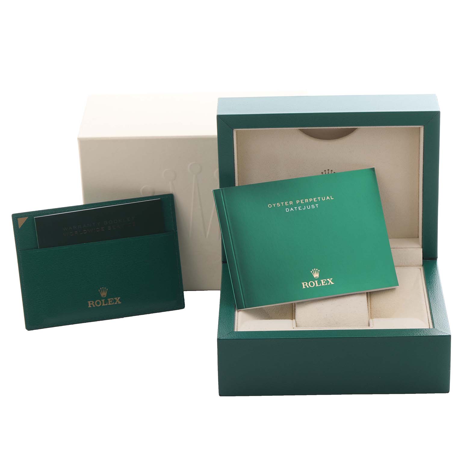 The image shows a Rolex Mid-Size 178344 Women's Stainless Steel Pink Dial 178344 Women's Stainless Steel Pink Dial watch box, cardholder, and booklet, all from an overhead angle.