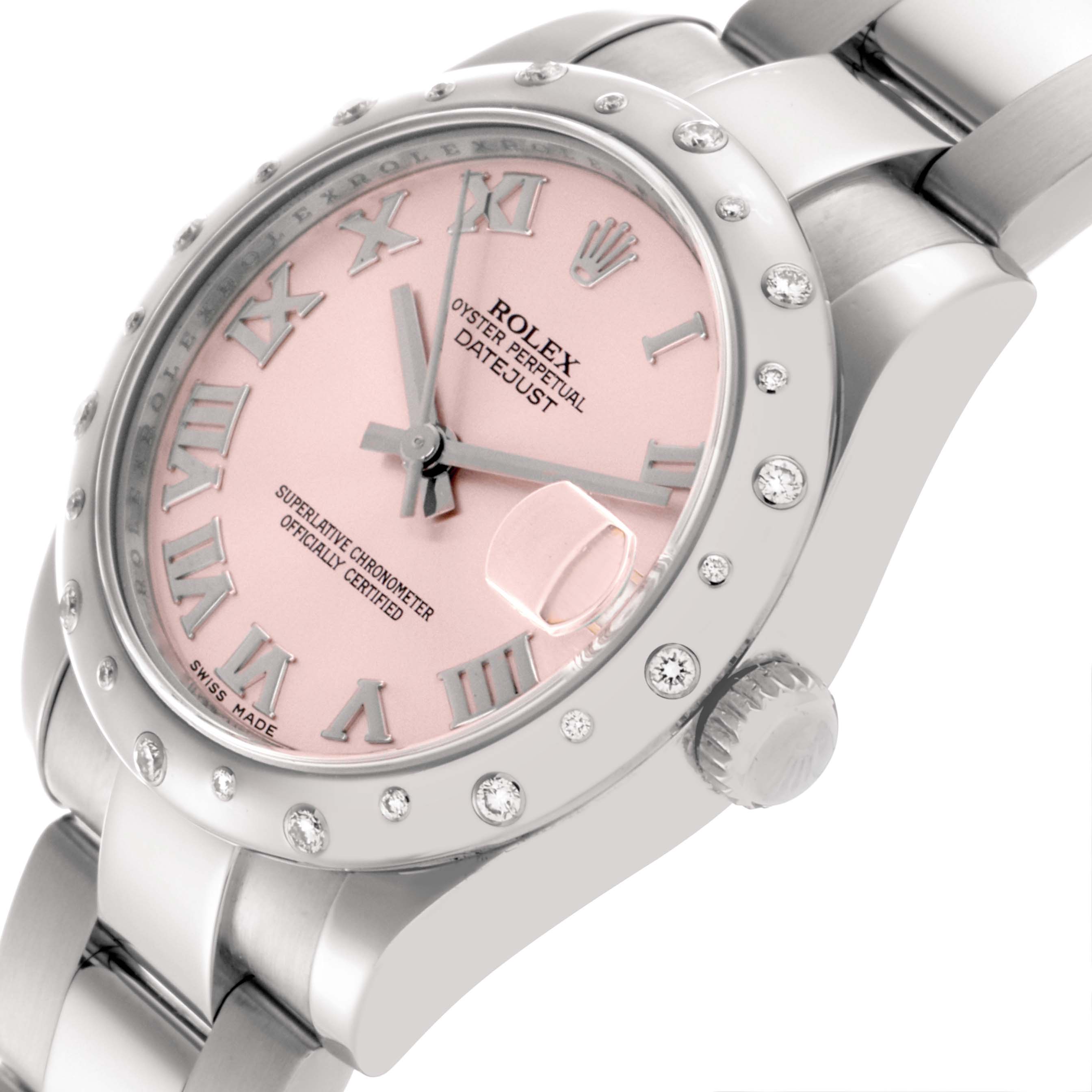 The Rolex Mid-Size 178344 Women's Stainless Steel Pink Dial 178344 Women's Stainless Steel Pink Dial Datejust watch is angled to show the face, bezel, crown, and part of the bracelet.