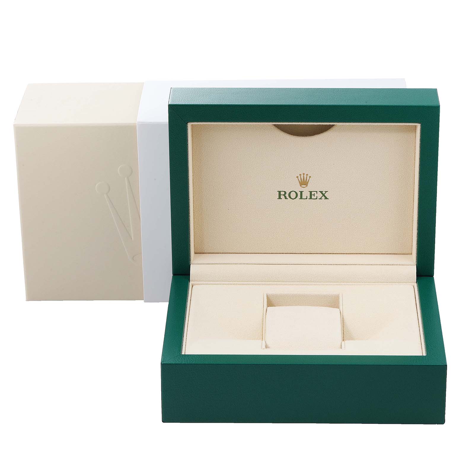 The image shows an open Rolex Datejust 116244 Men
s Stainless Steel Black Dial 116244 Men
s Stainless Steel Black Dial watch box, revealing its beige interior with a green outer shell.